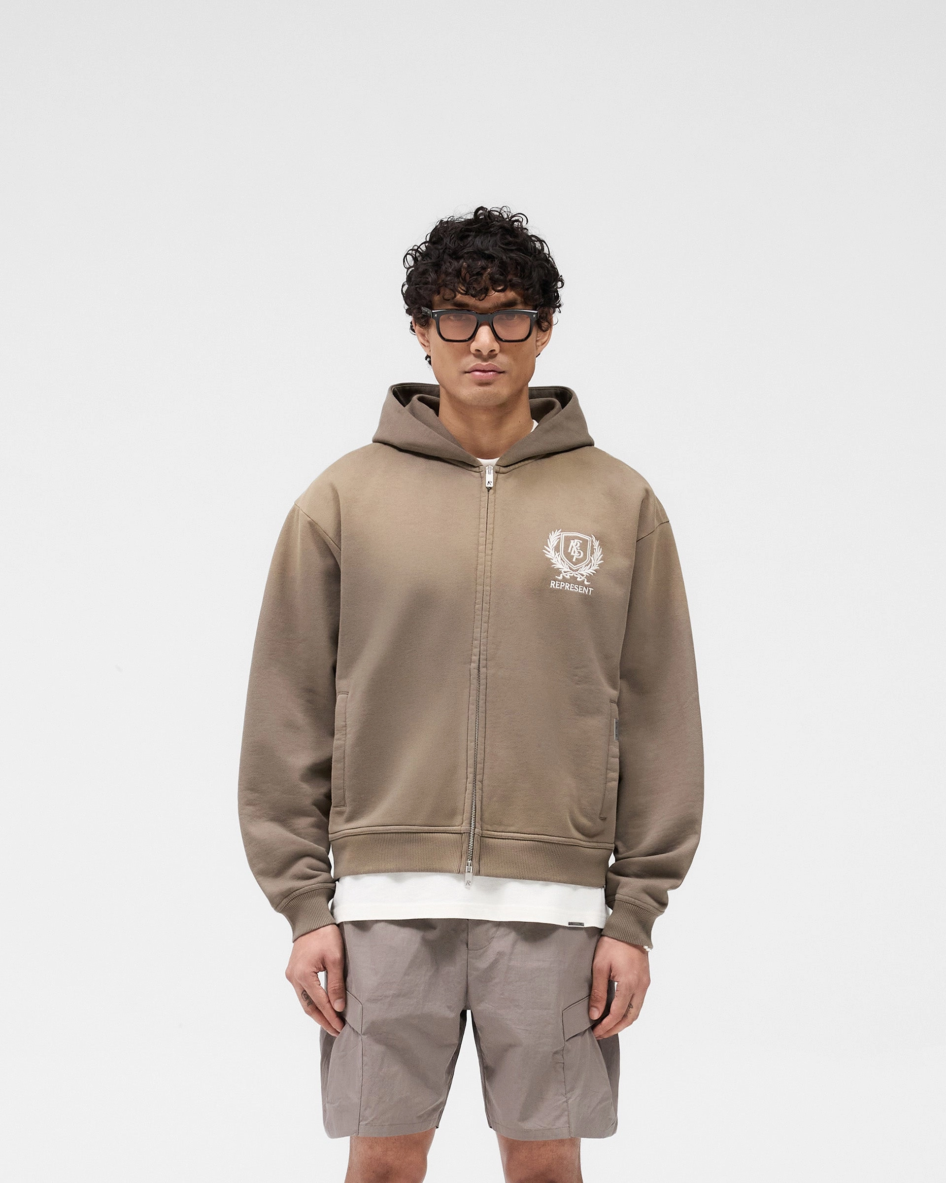 Crest Zip Up Hoodie - Dark Taupe Layered Hood Design Casual Friday wear