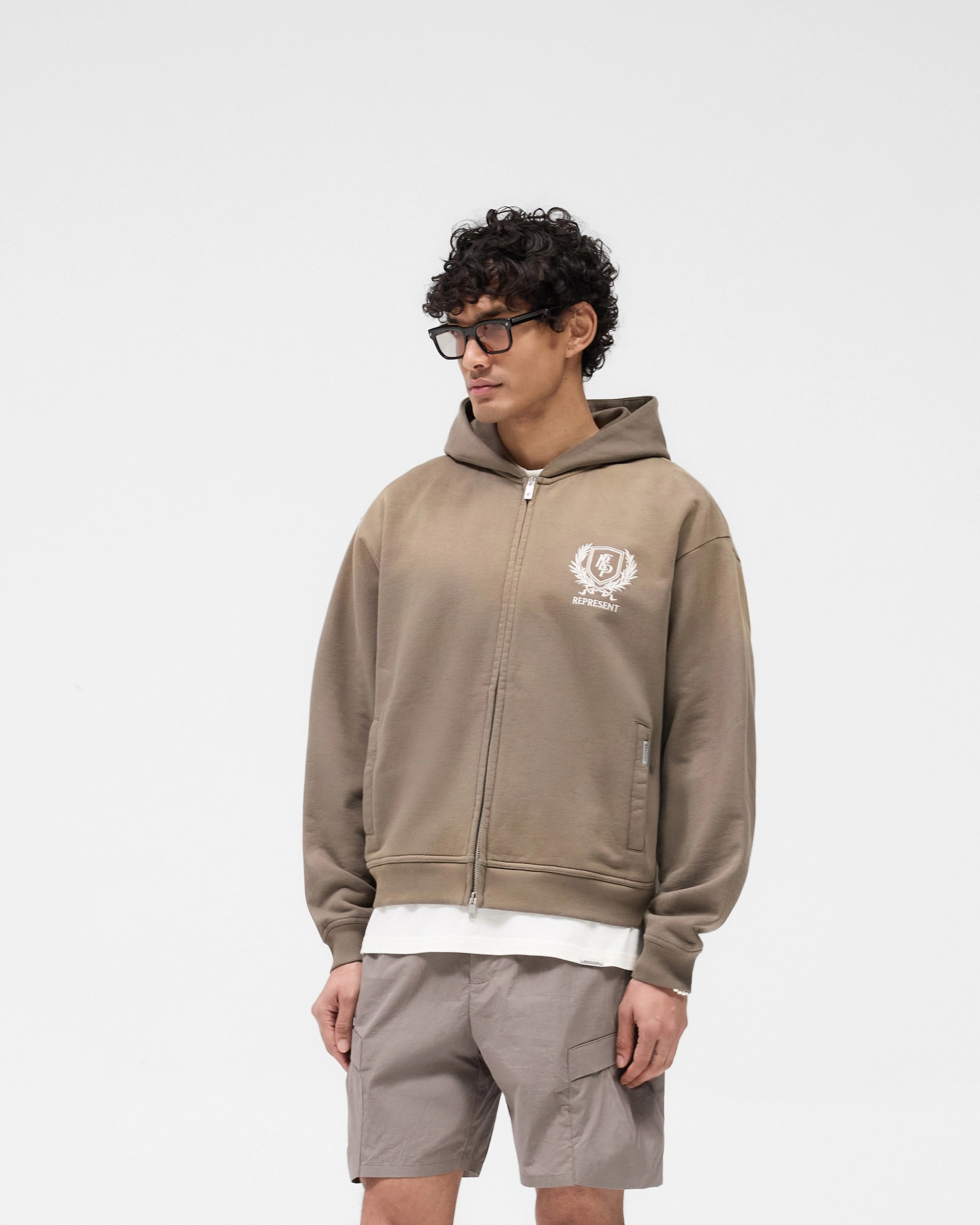 Quick Movement Fit Prairie dog like Crest Zip Up Hoodie - Dark Taupe