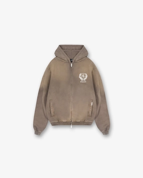 Student Life Crest Zip Up Hoodie - Dark Taupe