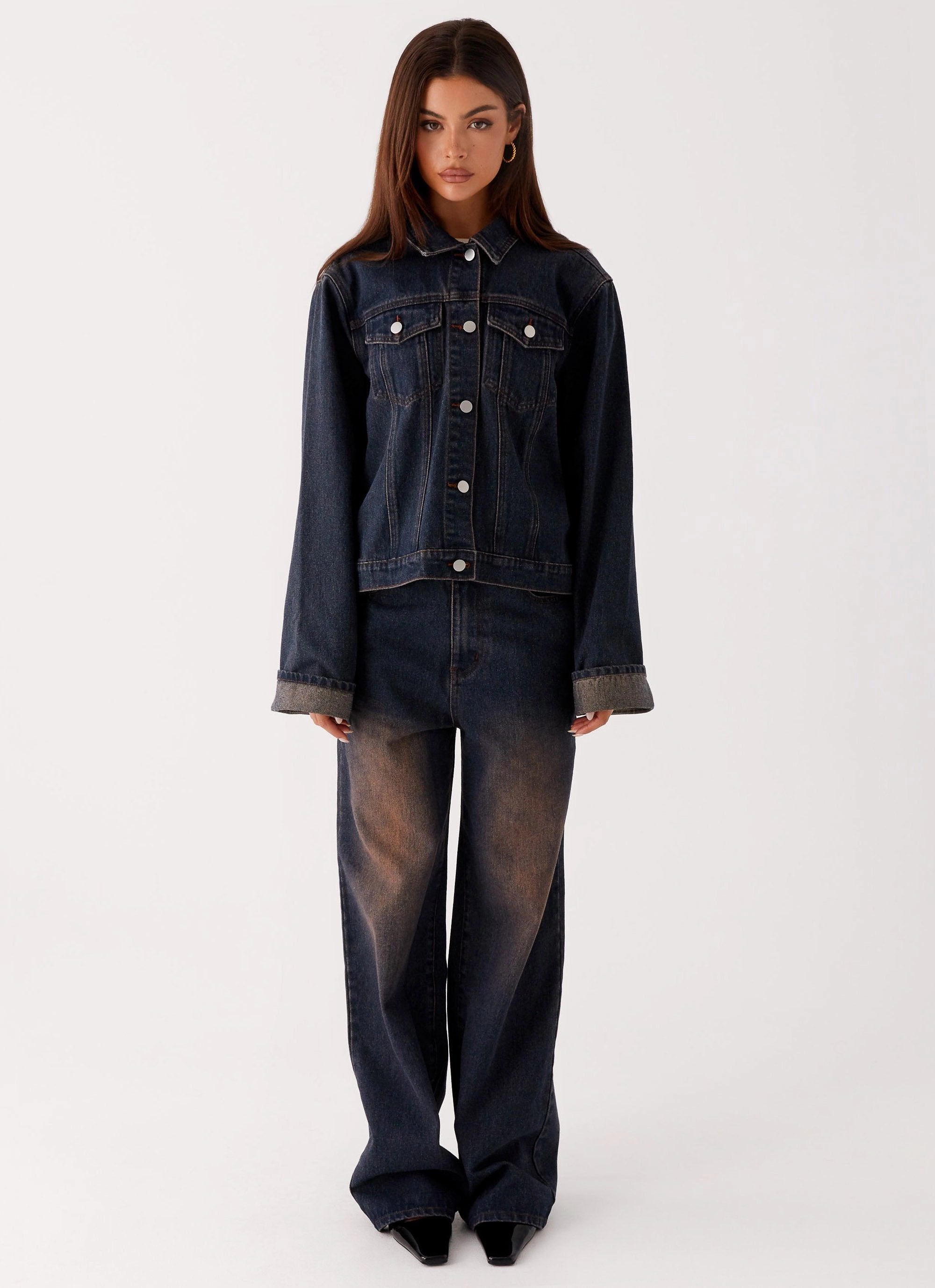 Back Again Oversized Denim Jacket - Brown Blue Acid Wash SeamlessBonding