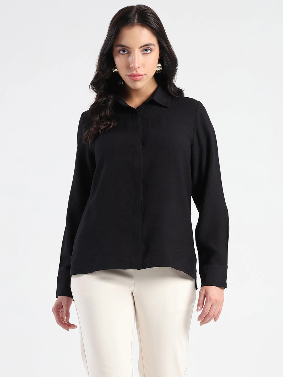 Multi Pocket Design Madame Black Rayon Blend Shirt