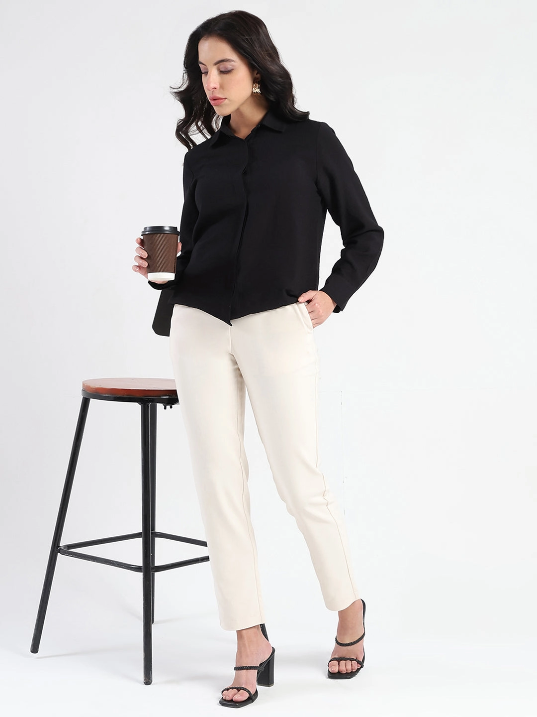 Monochrome Palette Loose Comfort Madame Black Rayon Blend Shirt