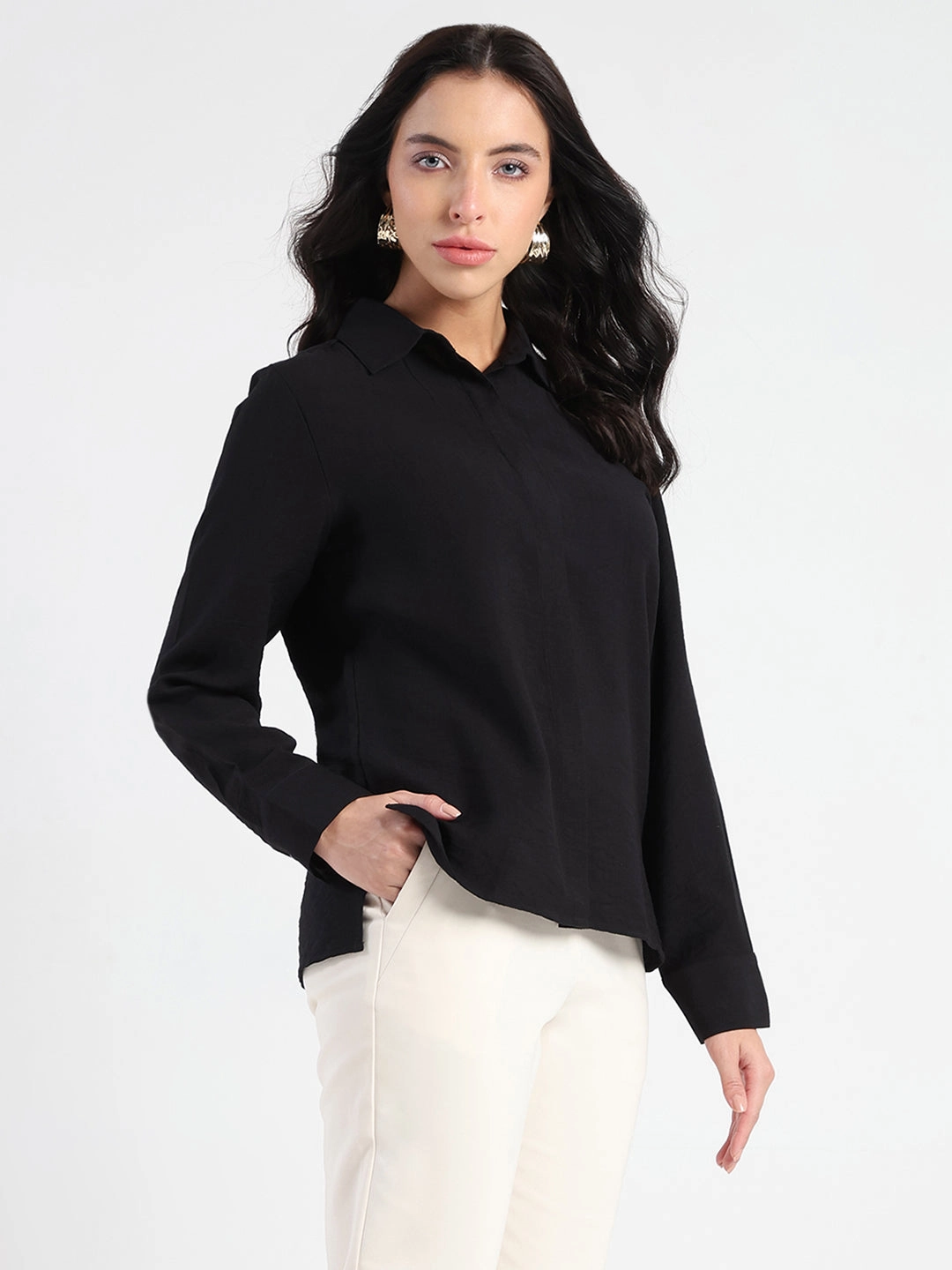 Versatile Design Classy Detail Madame Black Rayon Blend Shirt