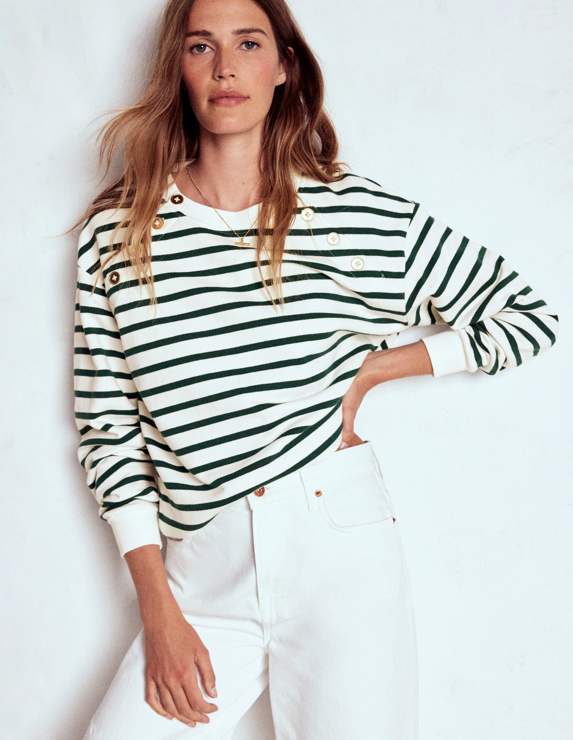 Button Detail Sweatshirt-Emerald Night, Ivory DoubleLayered Collar