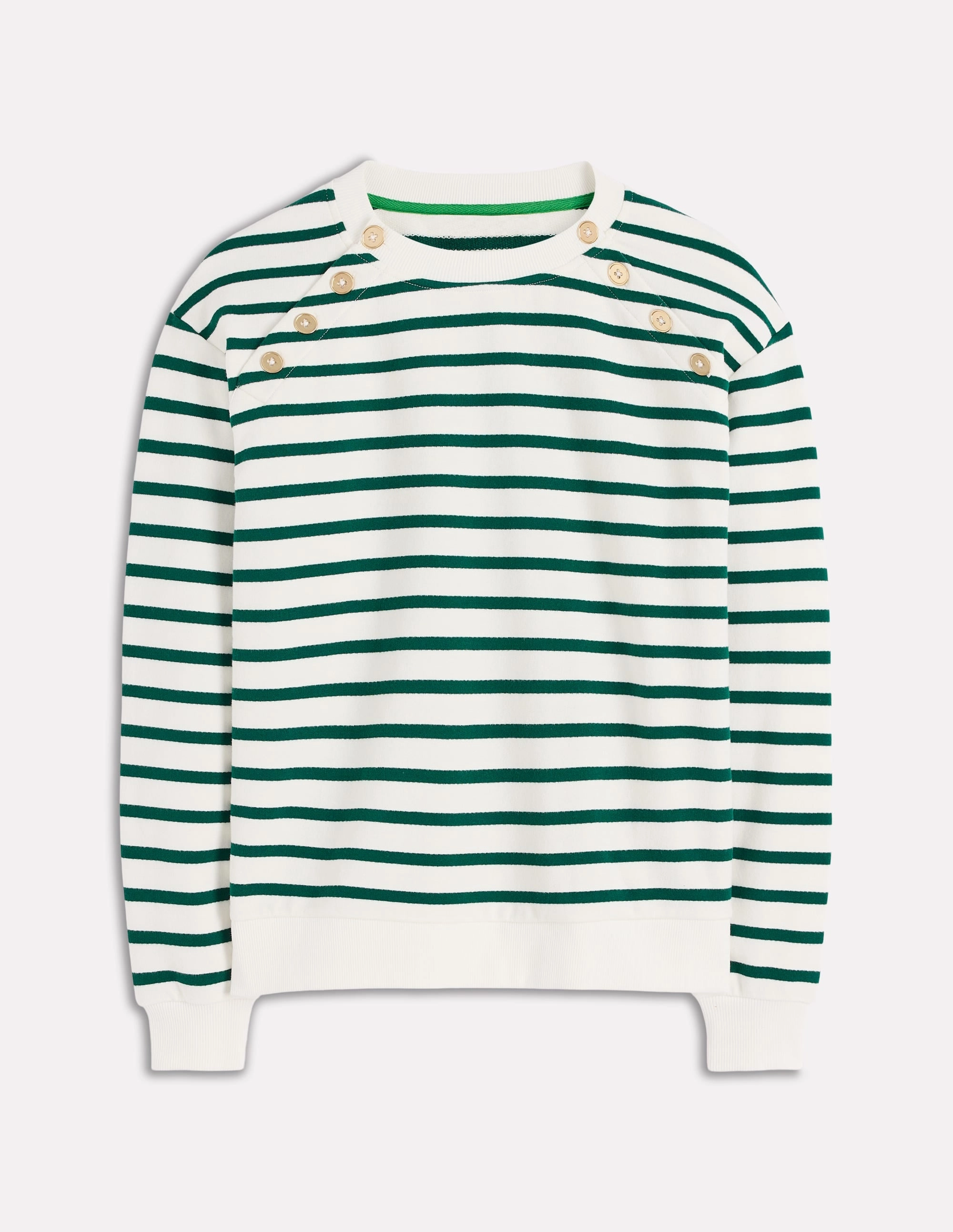 Button Detail Sweatshirt-Emerald Night, Ivory Relaxed Crew Neck Opening