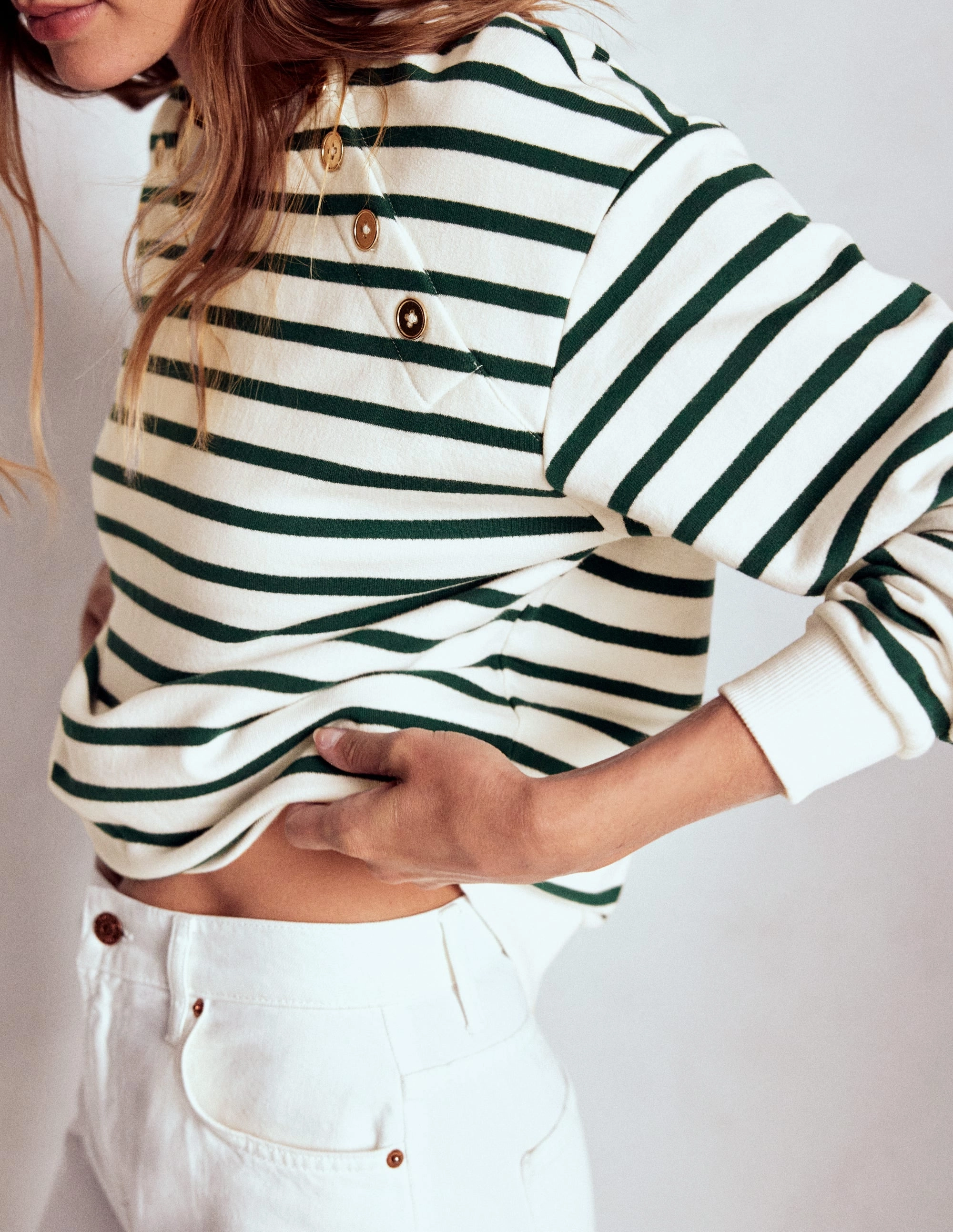 Ribbed Trim Details PuckerFree Surface Button Detail Sweatshirt-Emerald Night, Ivory