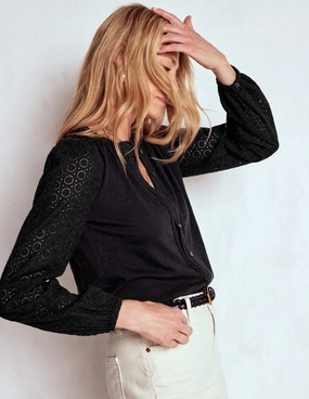 Eden Broderie Jersey Shirt-Black FlexibleElasticatedEdging FlexibleWaistband