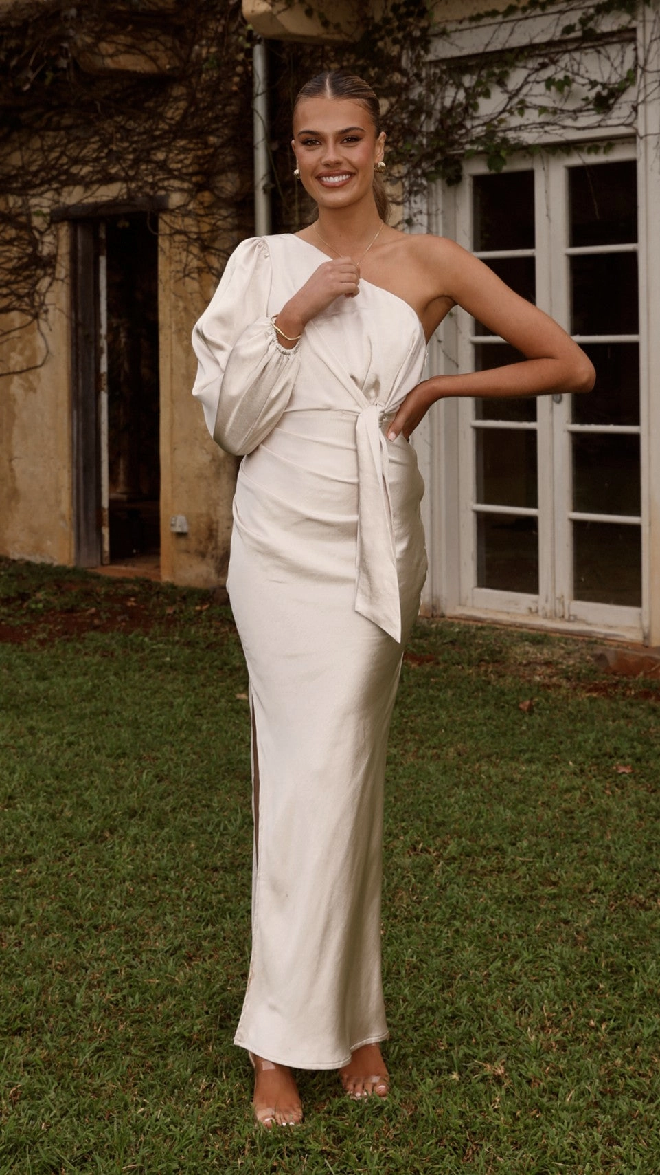 Chic Waist Eden One Shoulder Tie Front Maxi Dress - Champagne