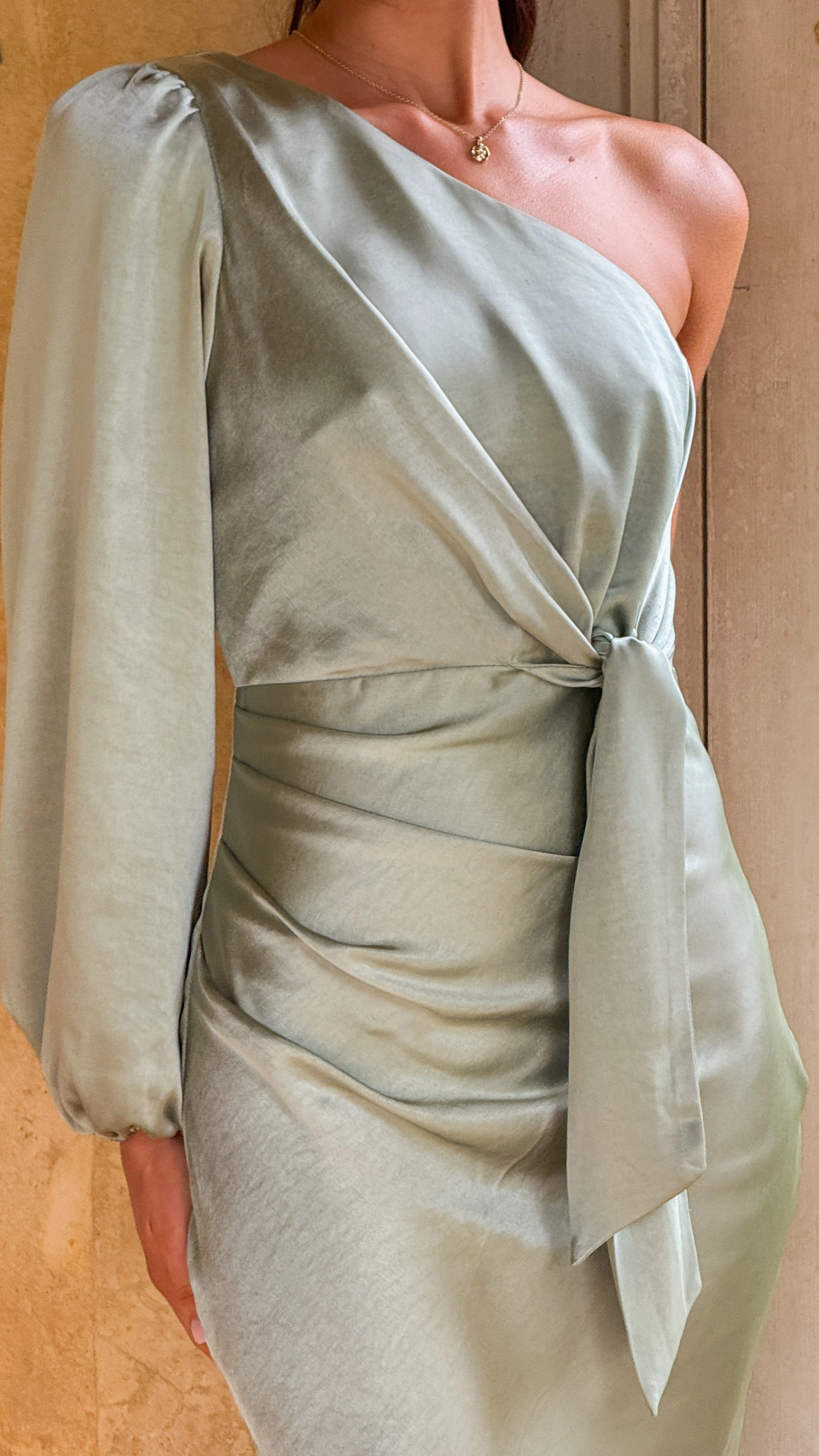 Soft Finish All-Day Wear Eden One Shoulder Tie Front Maxi Dress - Sage