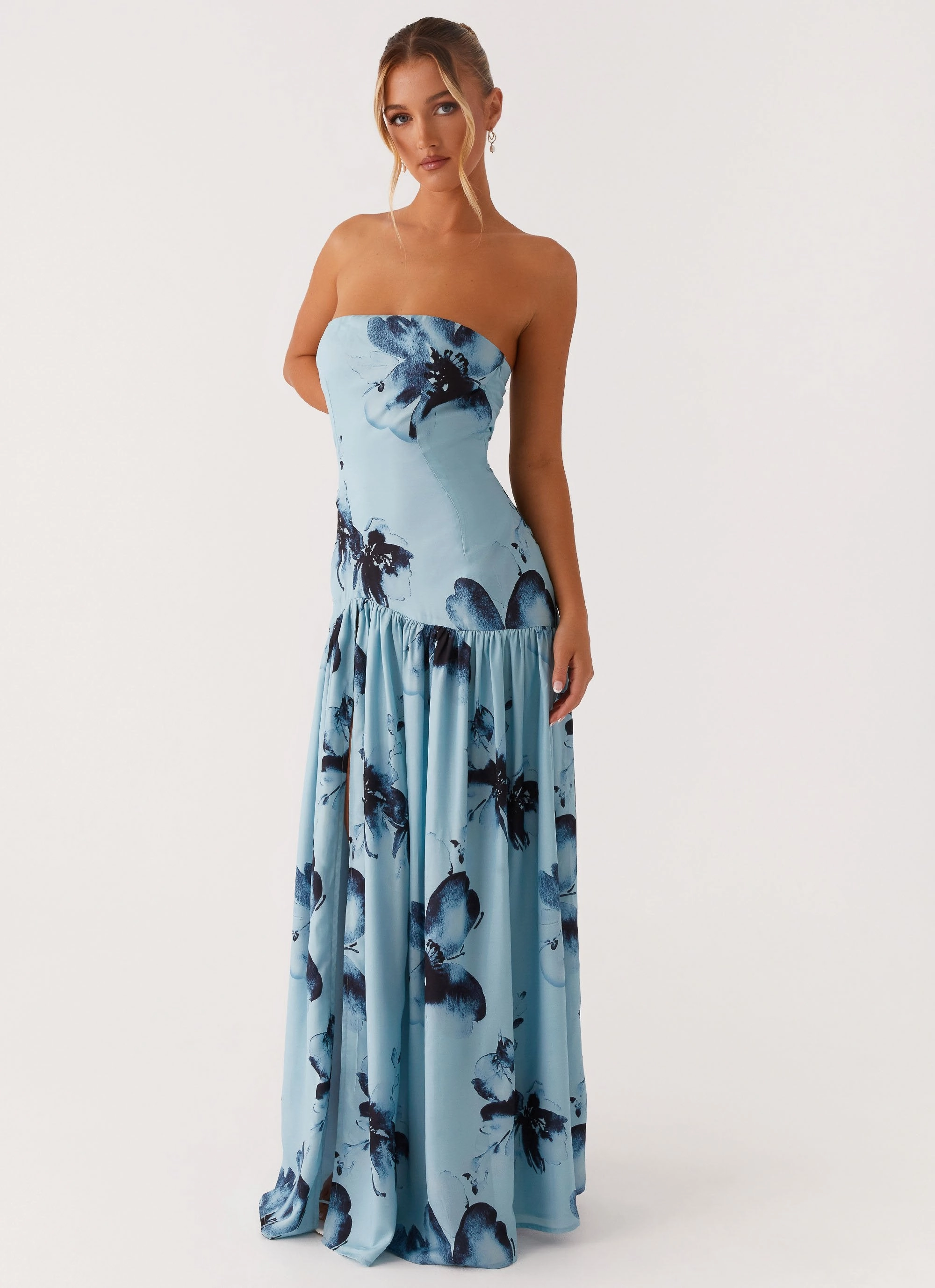Eden Strapless Maxi Dress - Blue Black Floral Bold Movement Simple Ease