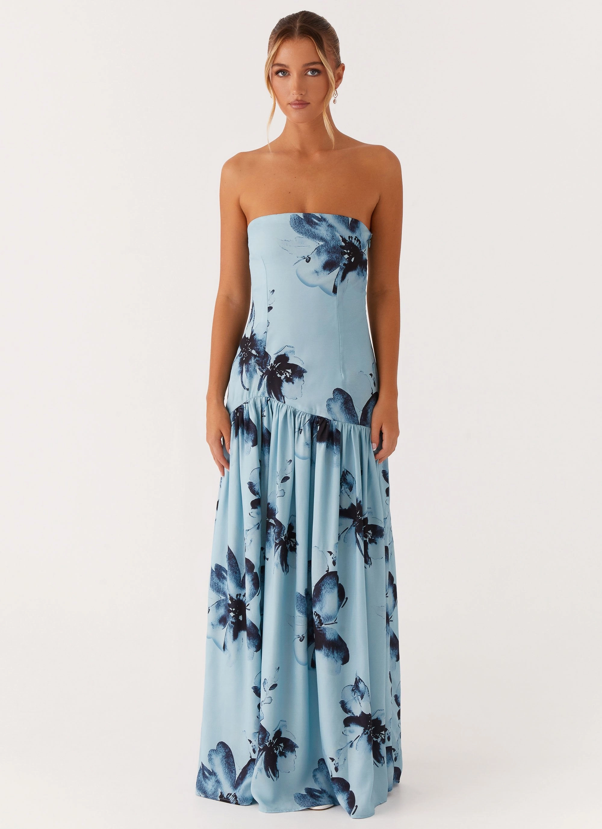 Beach Moment Drapey Fabric Eden Strapless Maxi Dress - Blue Black Floral