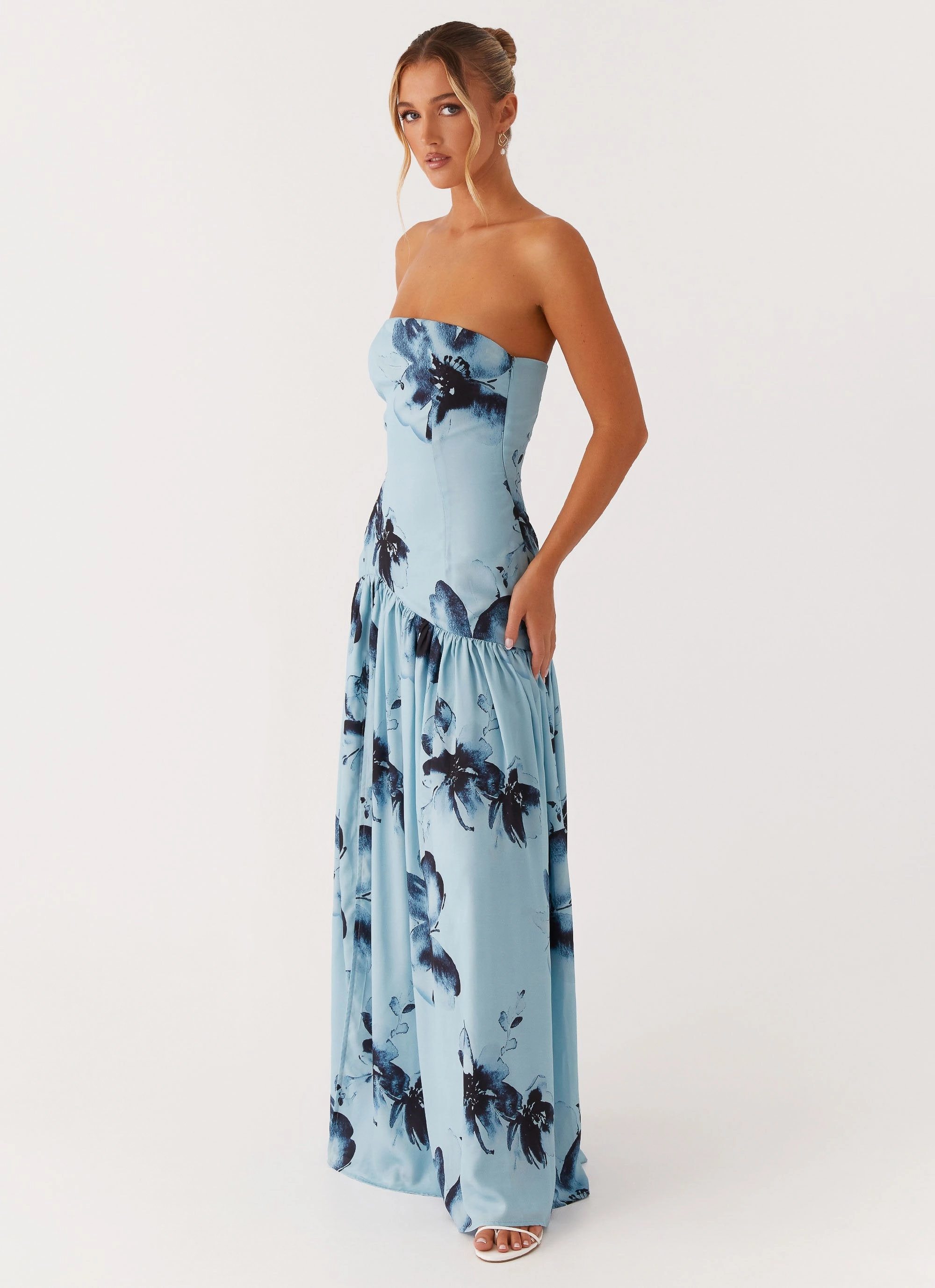 Eden Strapless Maxi Dress - Blue Black Floral Chic Design Lightweight Wear