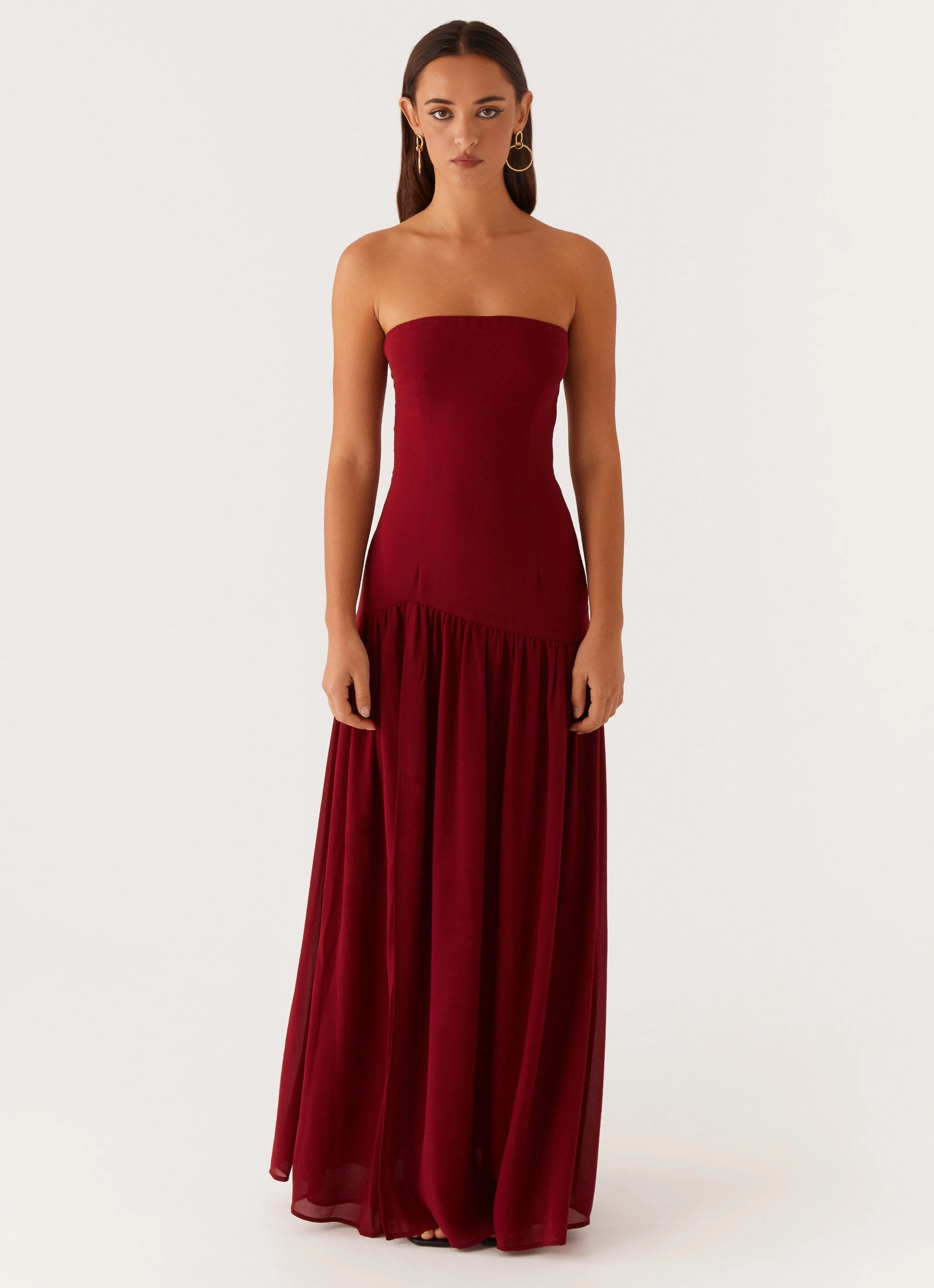 Pleat-Front Bright Vibe Eden Strapless Maxi Dress - Maroon