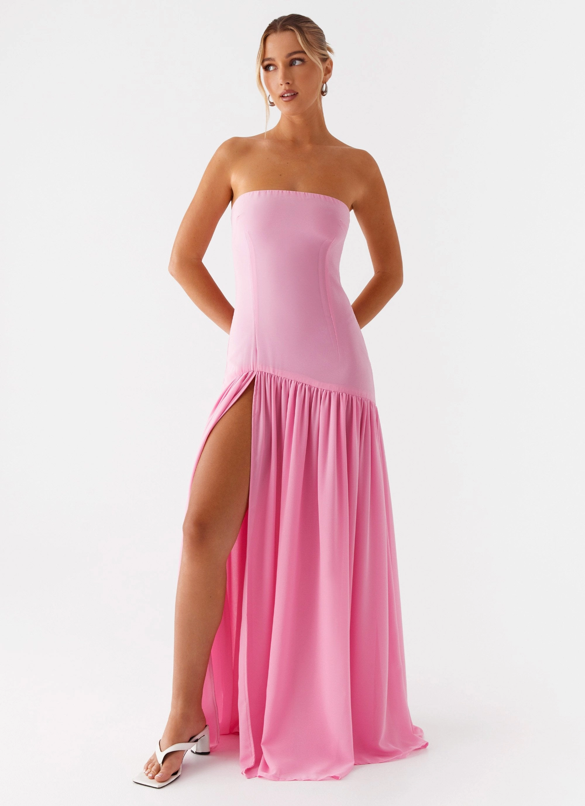 Eden Strapless Maxi Dress - Pink ruffle trim