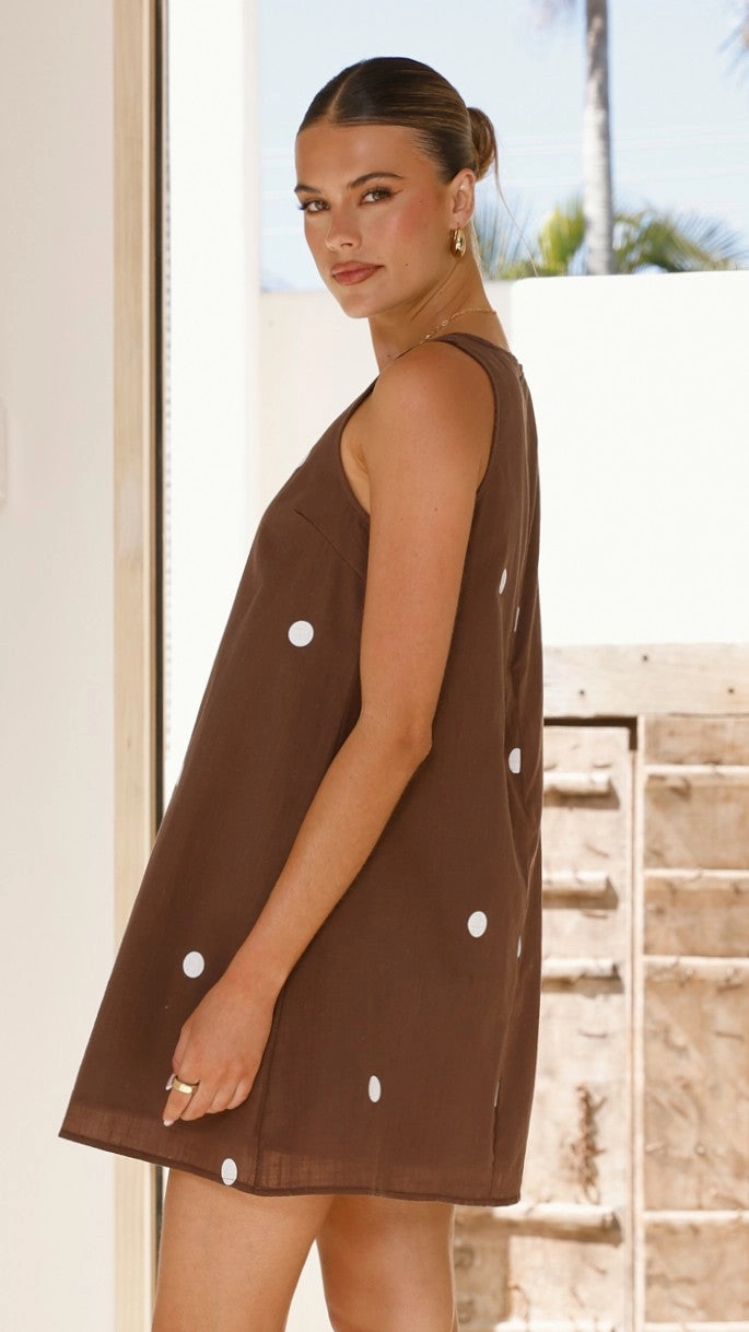 Natala Shift Mini Dress - Chocolate / White Polka Dot Fashionable Cut Timeless Trend