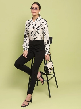 Double Stitched Hems Moisture Management Tech Madame Floral Print Buttoned Front Collared Off White Shirt