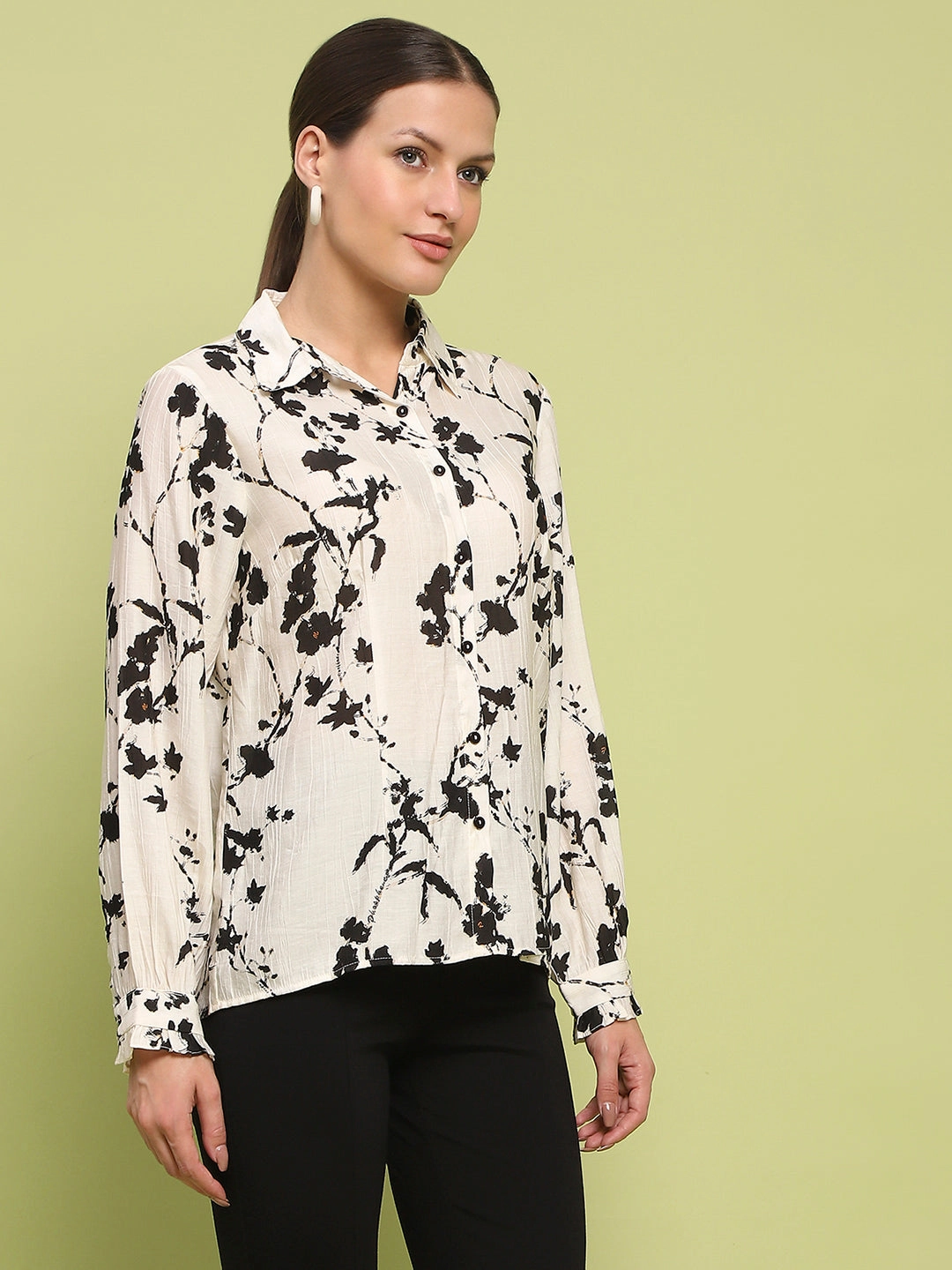 Wrinkle Resistant Madame Floral Print Buttoned Front Collared Off White Shirt
