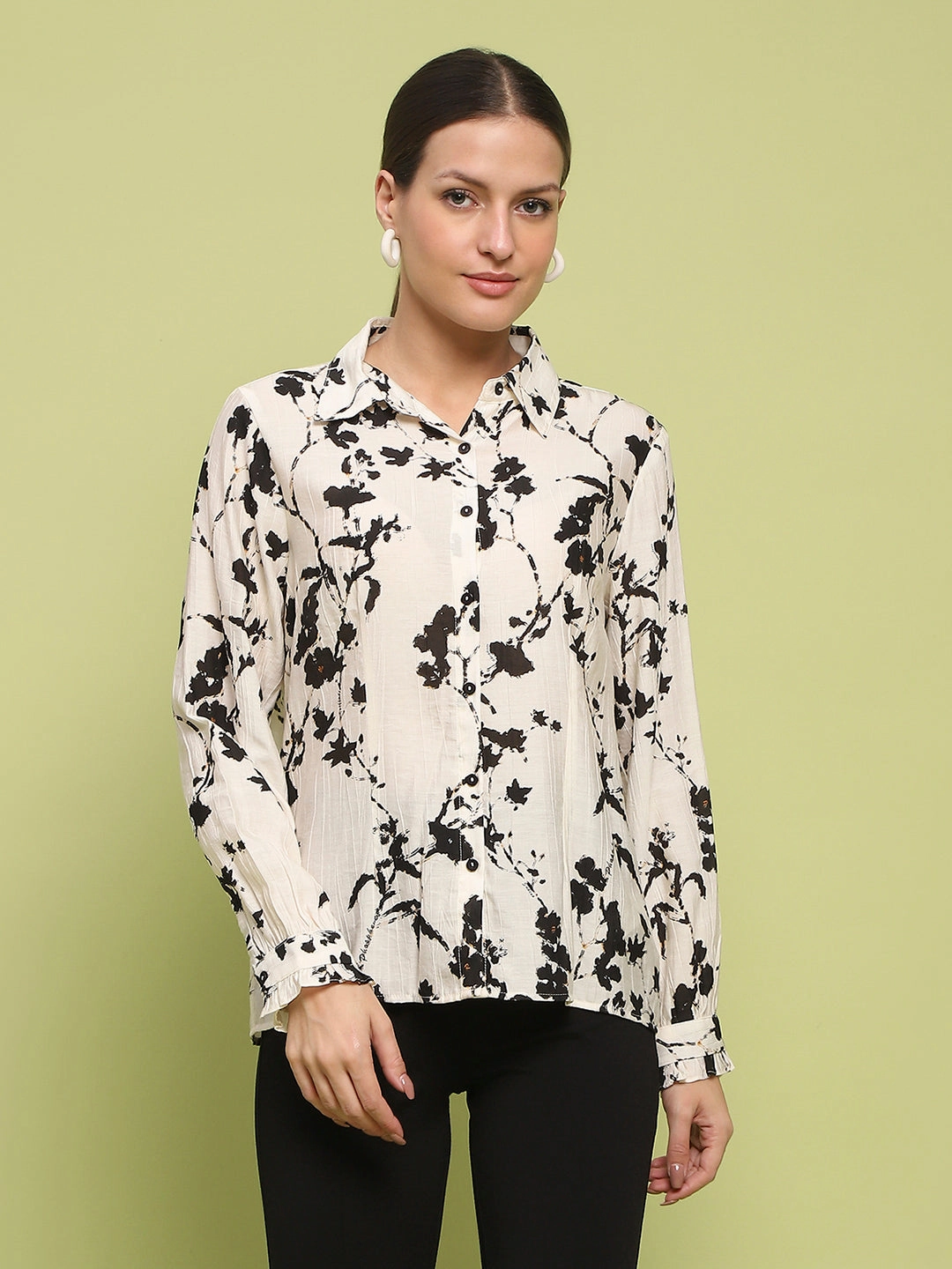 Madame Floral Print Buttoned Front Collared Off White Shirt Wrinkle Resistant Material Non Restrictive Armhole