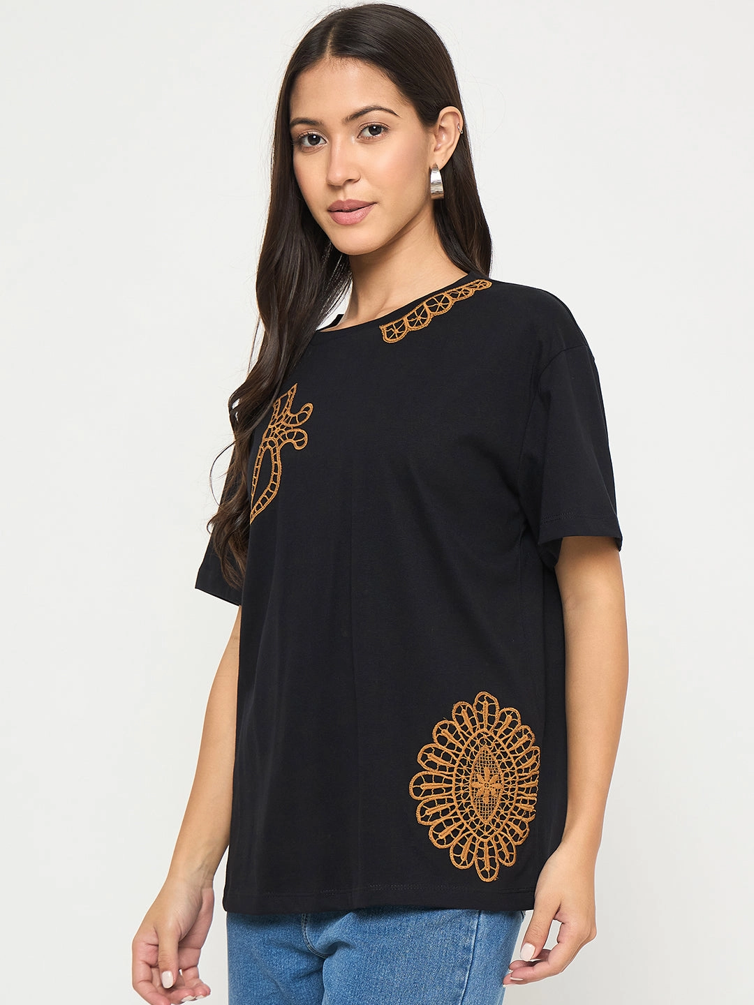 Anti Pilling Treatment Smooth Finish Madame Embroidery Patchwork Detailed Black Cotton T-shirt