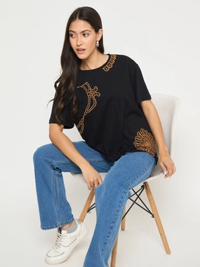 Timeless Fashion Active Outfit Style Madame Embroidery Patchwork Detailed Black Cotton T-shirt