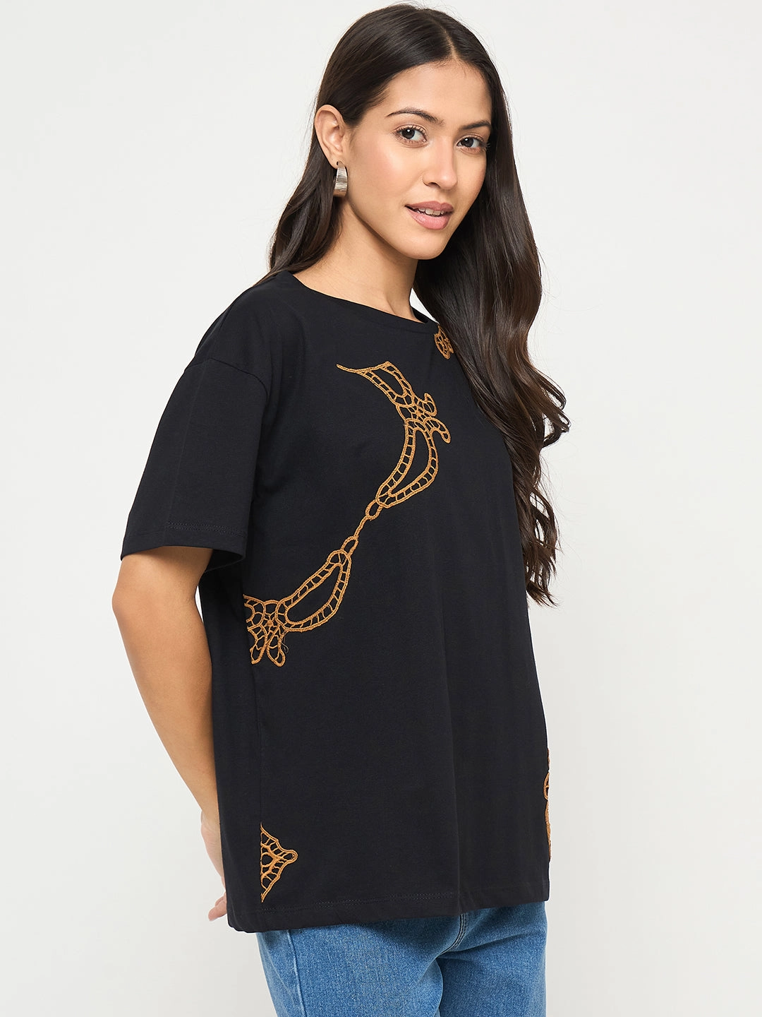 Madame Embroidery Patchwork Detailed Black Cotton T-shirt Breathable Comfort Design regular but not boring