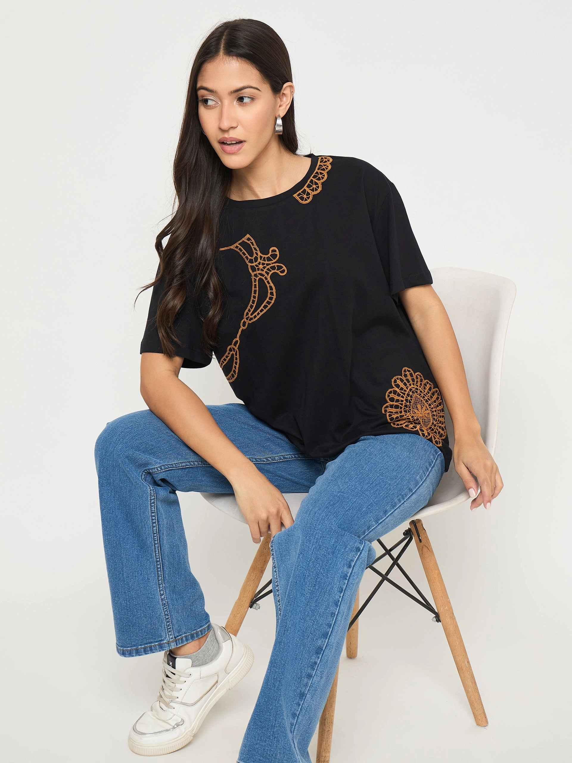 Timeless Fashion Active Outfit Style Madame Embroidery Patchwork Detailed Black Cotton T-shirt