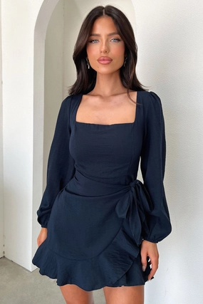 Gentle Look Effortless Piece Silvana Long Sleeve Wrap Mini Dress - Navy