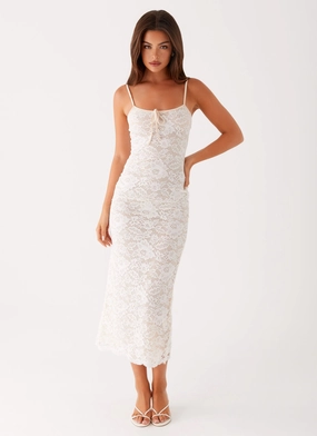 Elegant Line Open Design Postcards Lace Midi Dress - Ivory