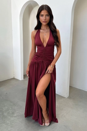 Day Glow Modern Movement Ginevra Ruched Halter Maxi Dress - Burgundy