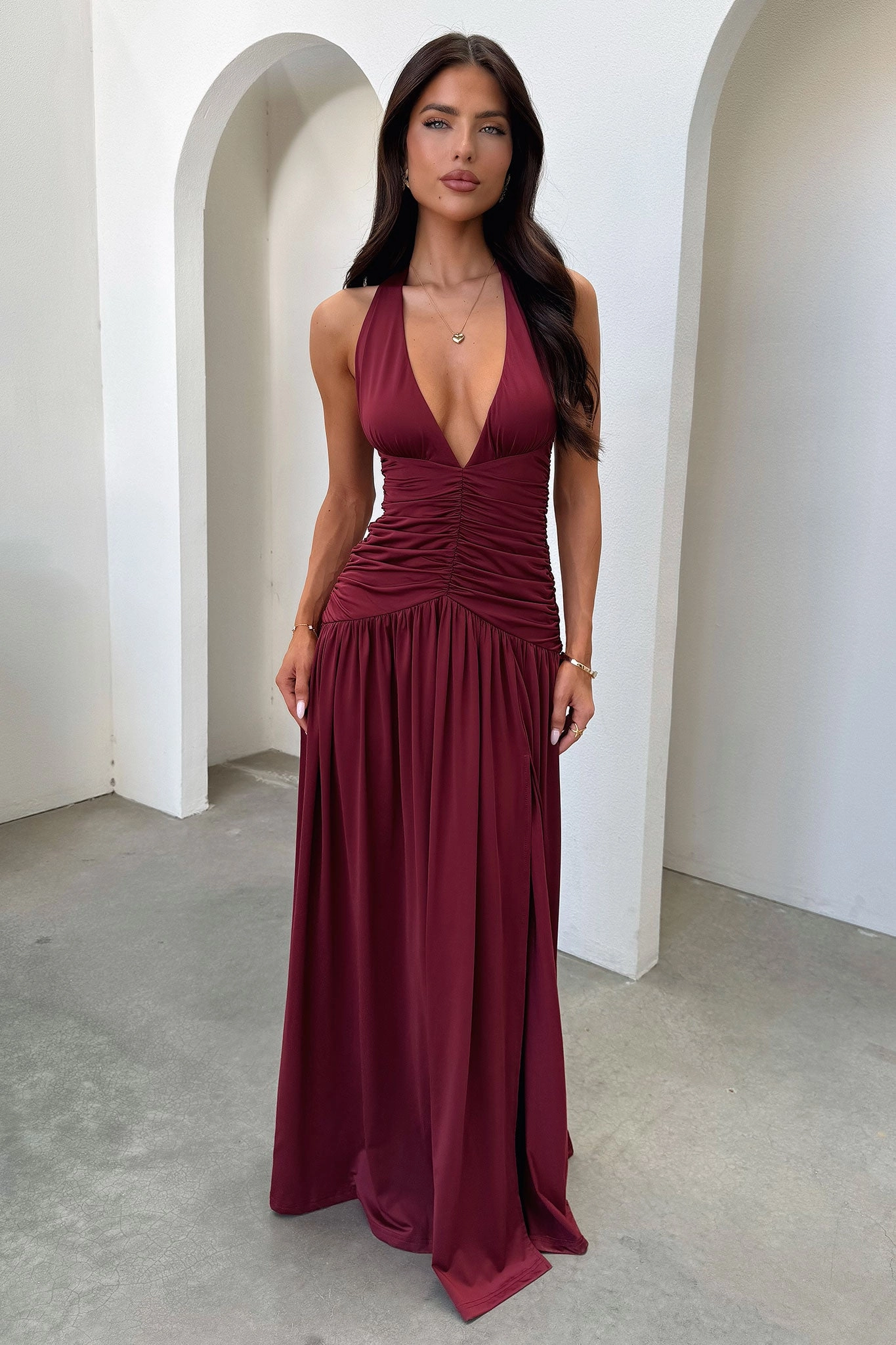 Daily Confidence Relaxed day dress Ginevra Ruched Halter Maxi Dress - Burgundy