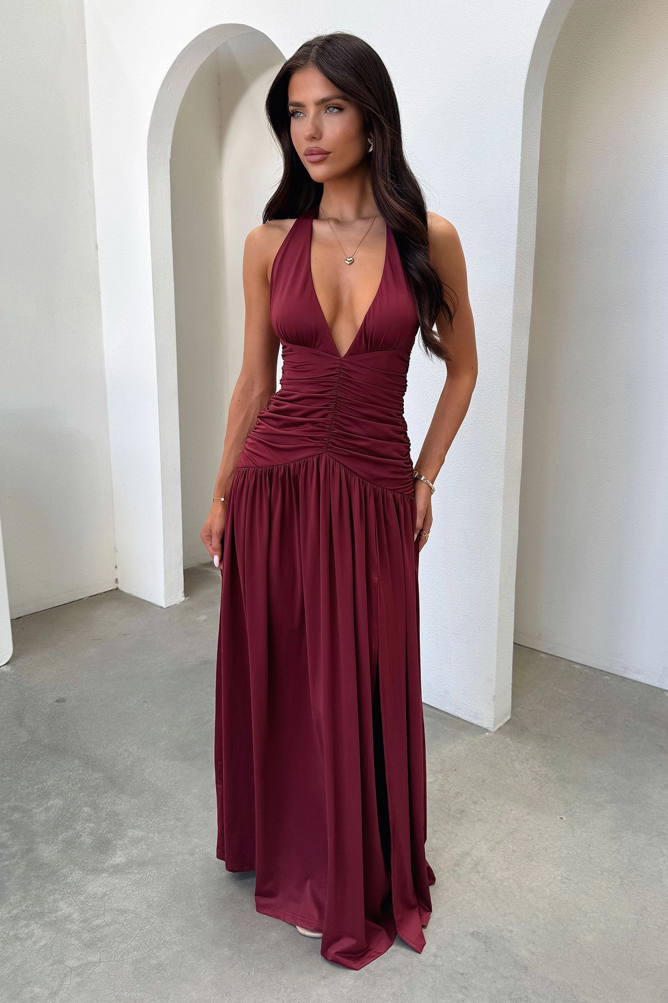 All Daywear Ginevra Ruched Halter Maxi Dress - Burgundy