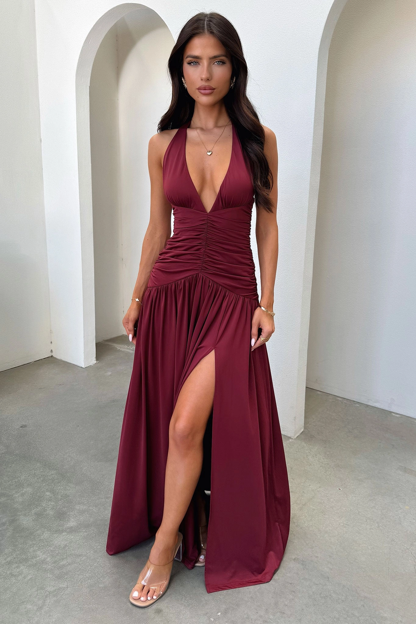 Perfect for Layering Ginevra Ruched Halter Maxi Dress - Burgundy