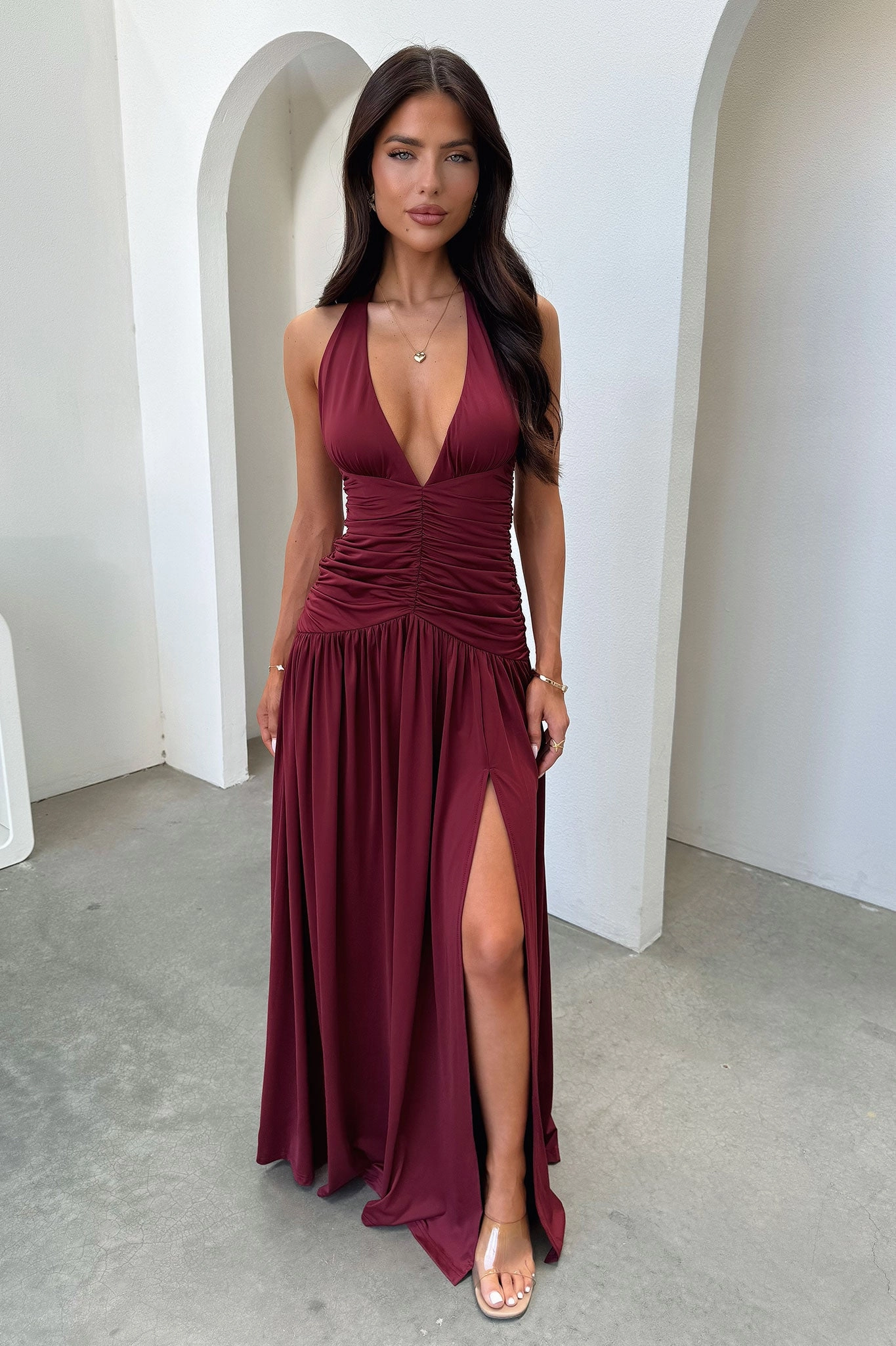 ComfortFitDesign Ginevra Ruched Halter Maxi Dress - Burgundy