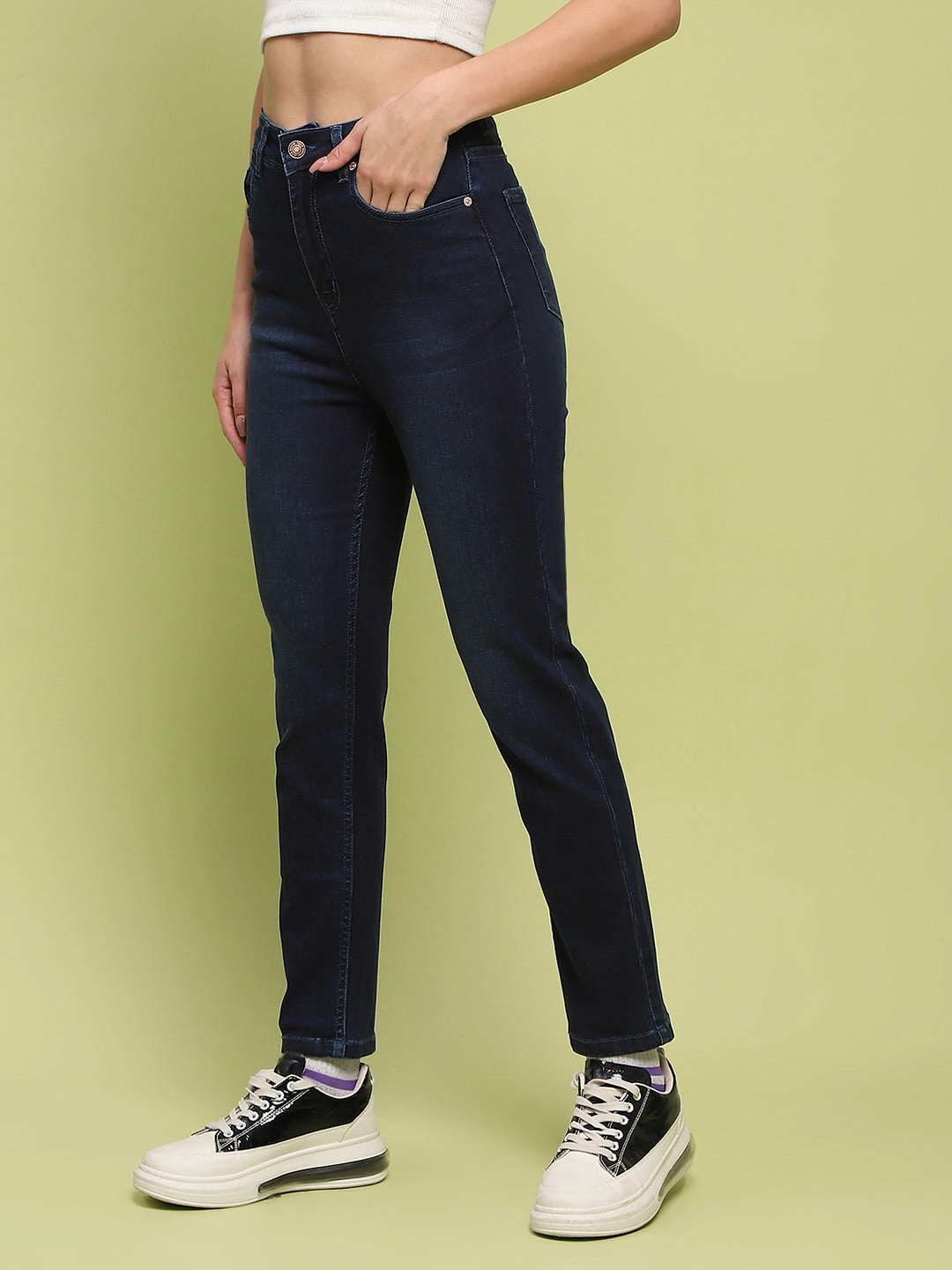 Madame Whiskered Dark Blue Cotton Denim Jeans Articulated Knee Shape