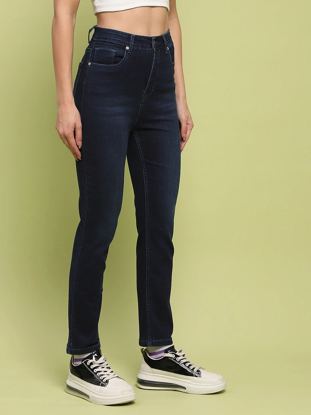 Madame Whiskered Dark Blue Cotton Denim Jeans Double Stitched Seams