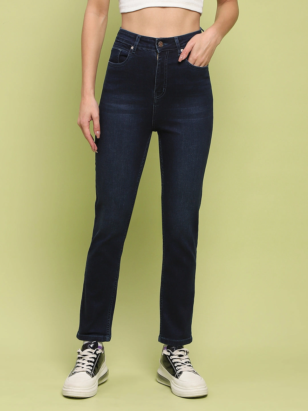 Madame Whiskered Dark Blue Cotton Denim Jeans Durable piece Weekend Getaway Trend Setter