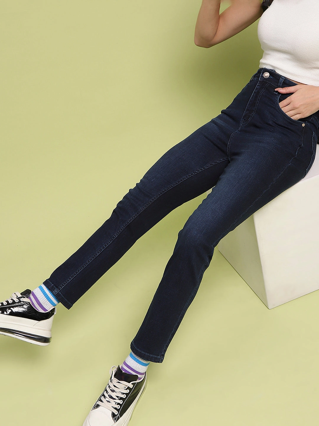 Versatile Wear Waterless Wash Technology Madame Whiskered Dark Blue Cotton Denim Jeans