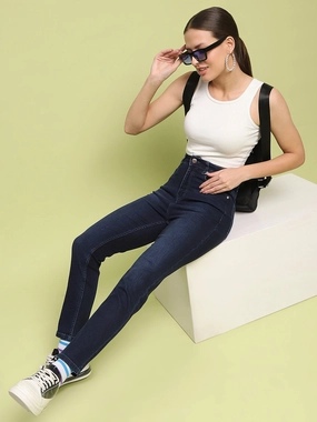 Daily Musthave Relaxed Style Smart Casual Minimalist Style Madame Whiskered Dark Blue Cotton Denim Jeans