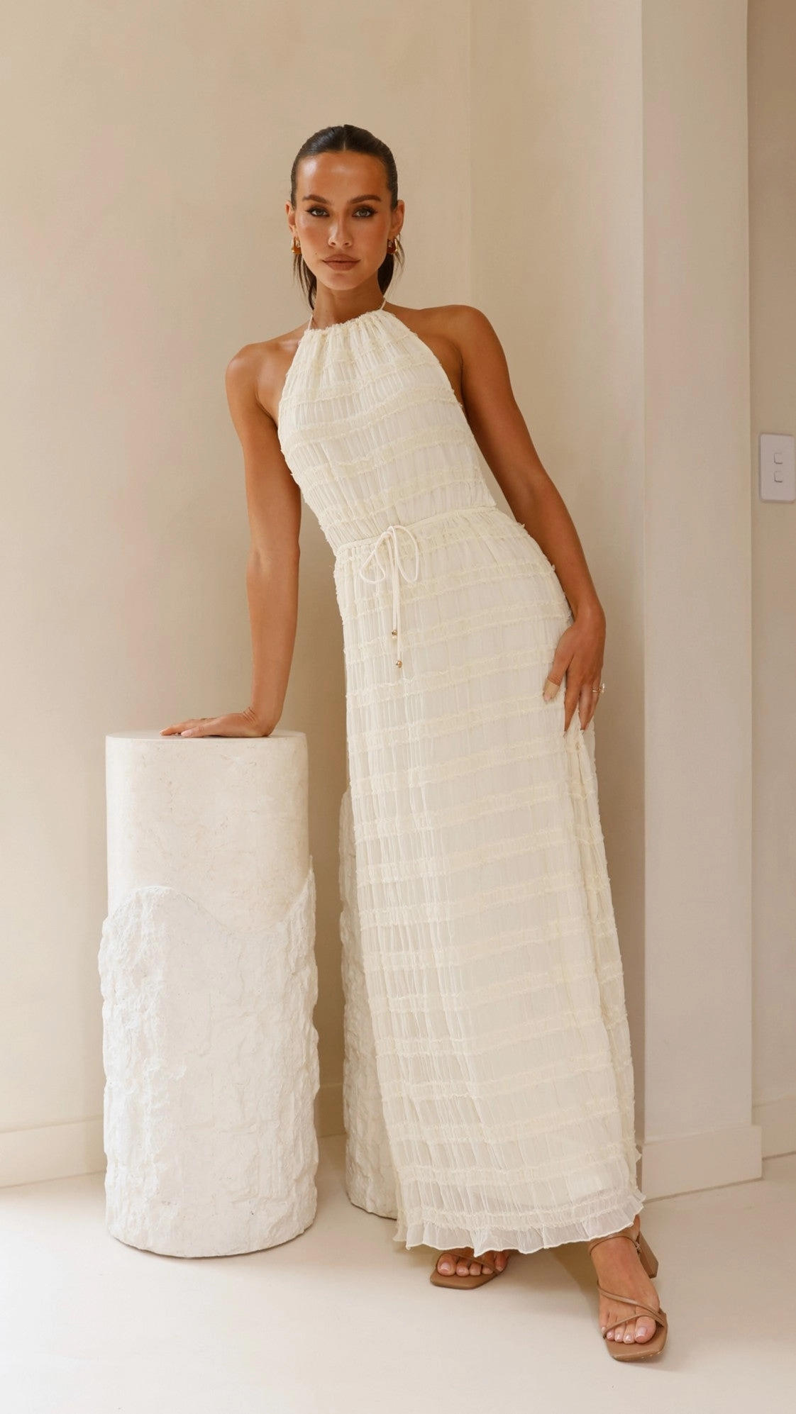 Influencer-Style Formal Setting Melanie Halter Neck Maxi Dress - Cream