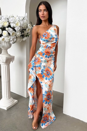Elianna One Shoulder Satin Maxi Dress - Blue Floral Perfect Design