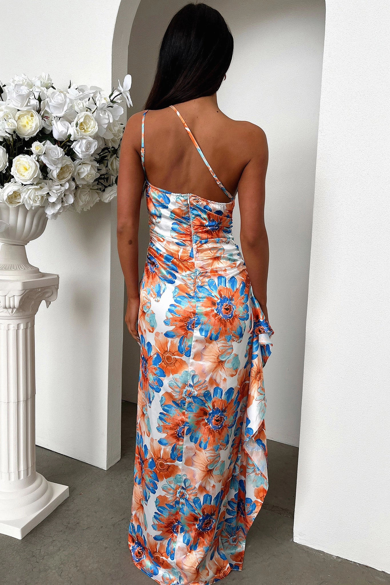 Neutral Tones Smart Piece Elianna One Shoulder Satin Maxi Dress - Blue Floral