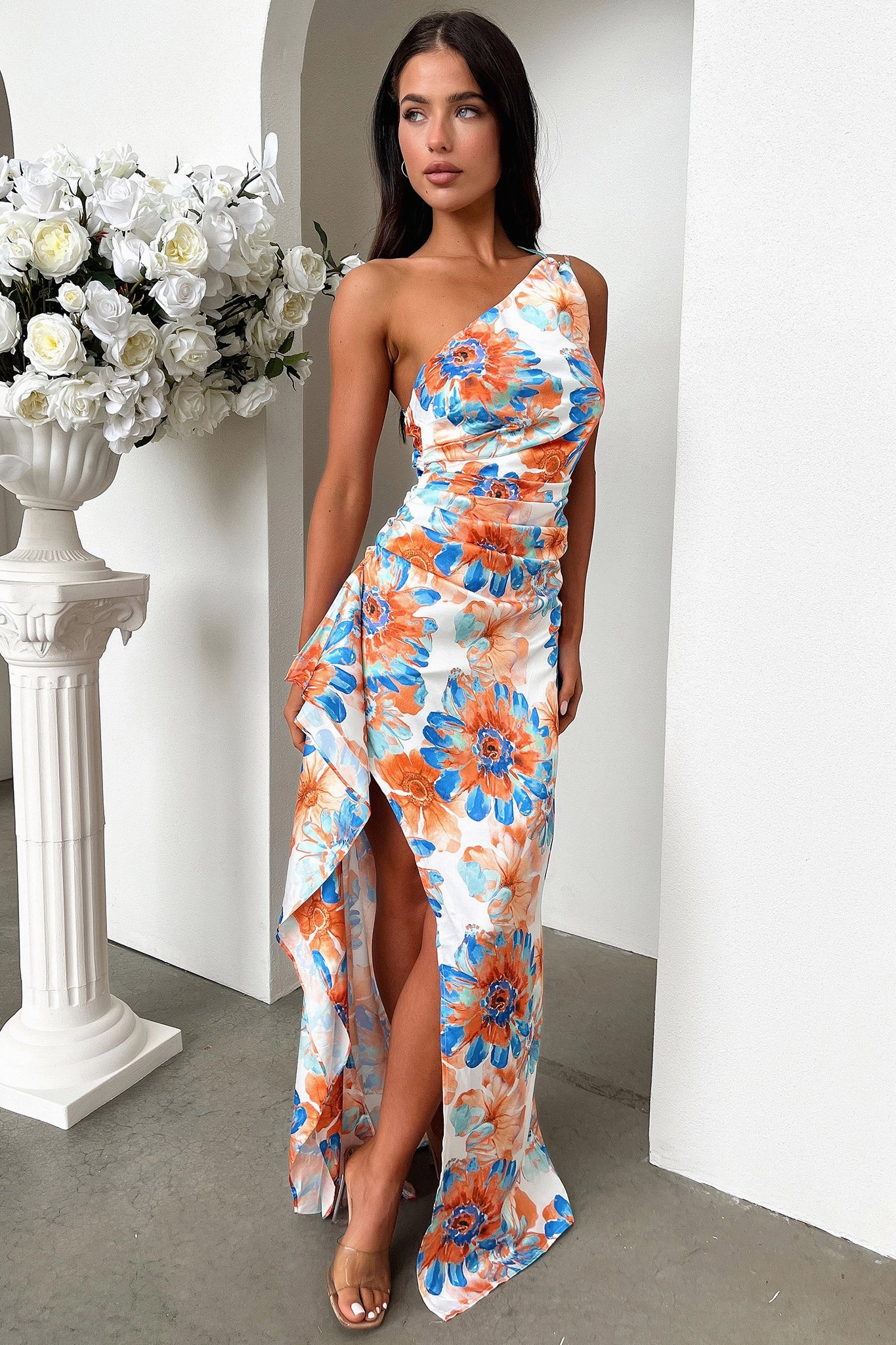 Elianna One Shoulder Satin Maxi Dress - Blue Floral Perfect Design