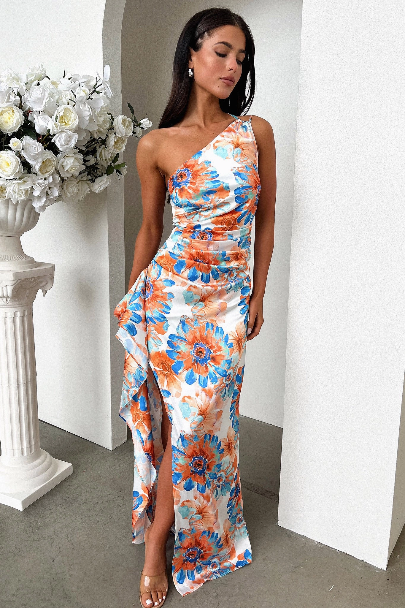 Elianna One Shoulder Satin Maxi Dress - Blue Floral Elegant Wearable