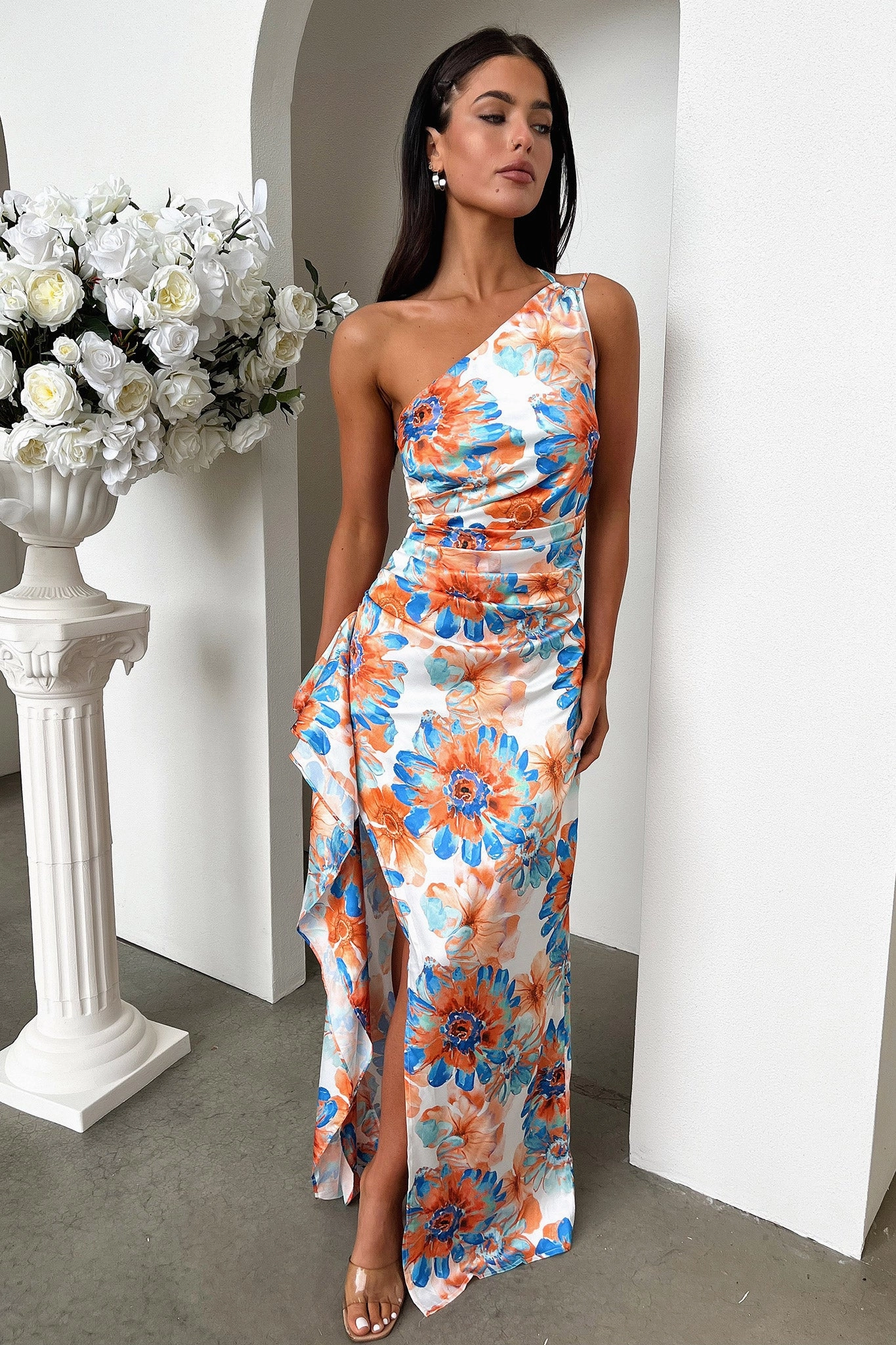 City Layer Flattering Silhouette Wear Elianna One Shoulder Satin Maxi Dress - Blue Floral