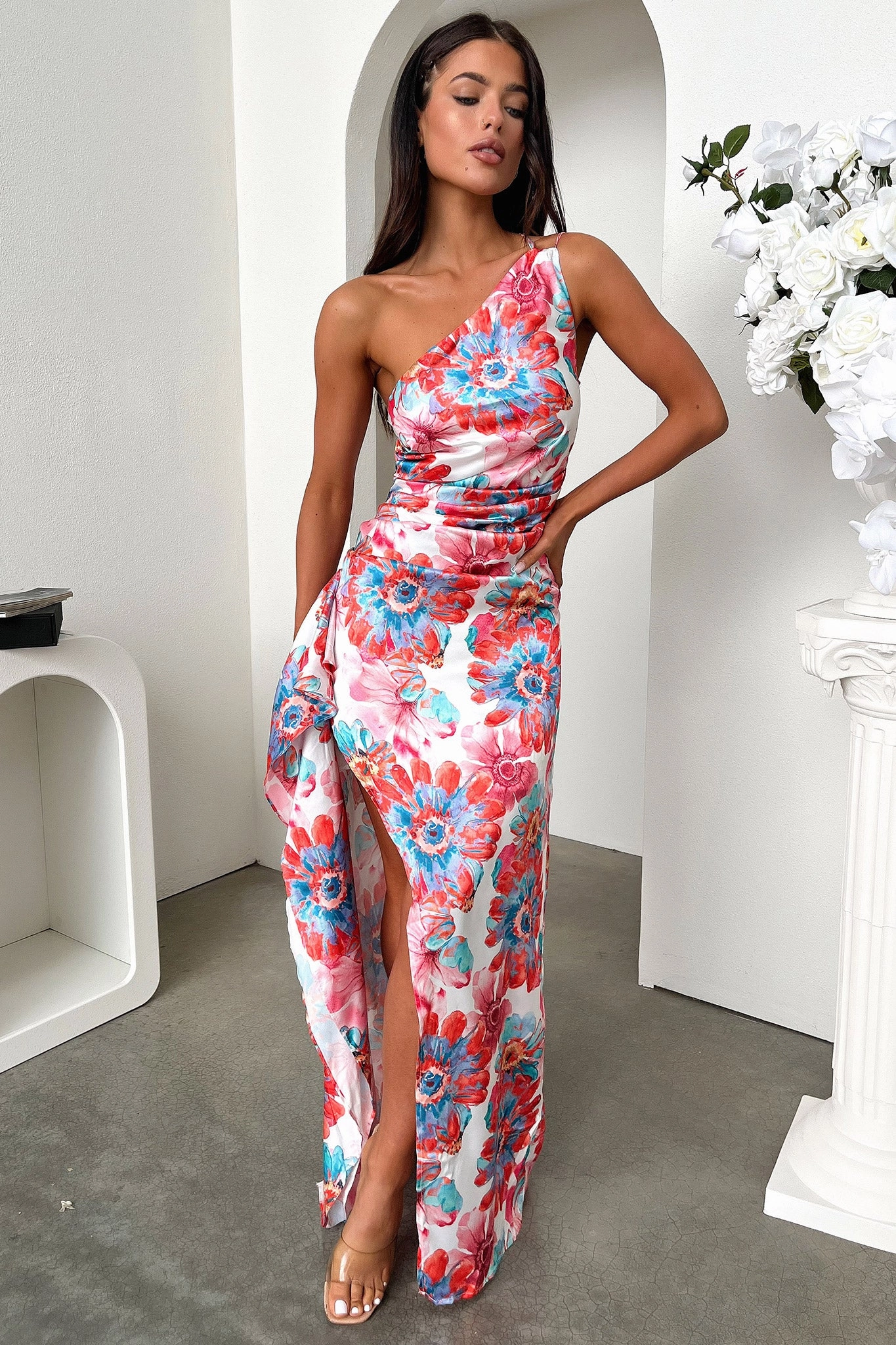 Flawless Waistband Fit Elianna One Shoulder Satin Maxi Dress - Pink Floral
