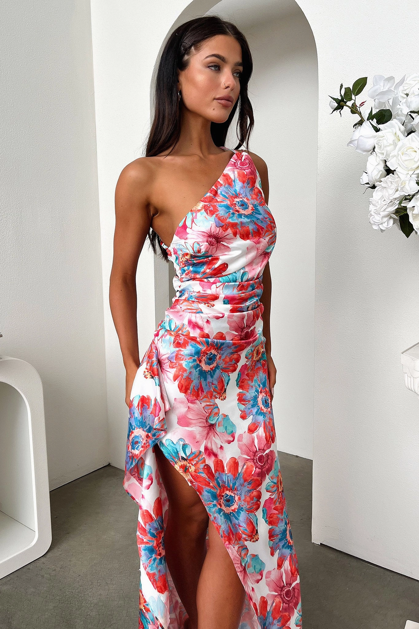 Romantic Mood Elianna One Shoulder Satin Maxi Dress - Pink Floral