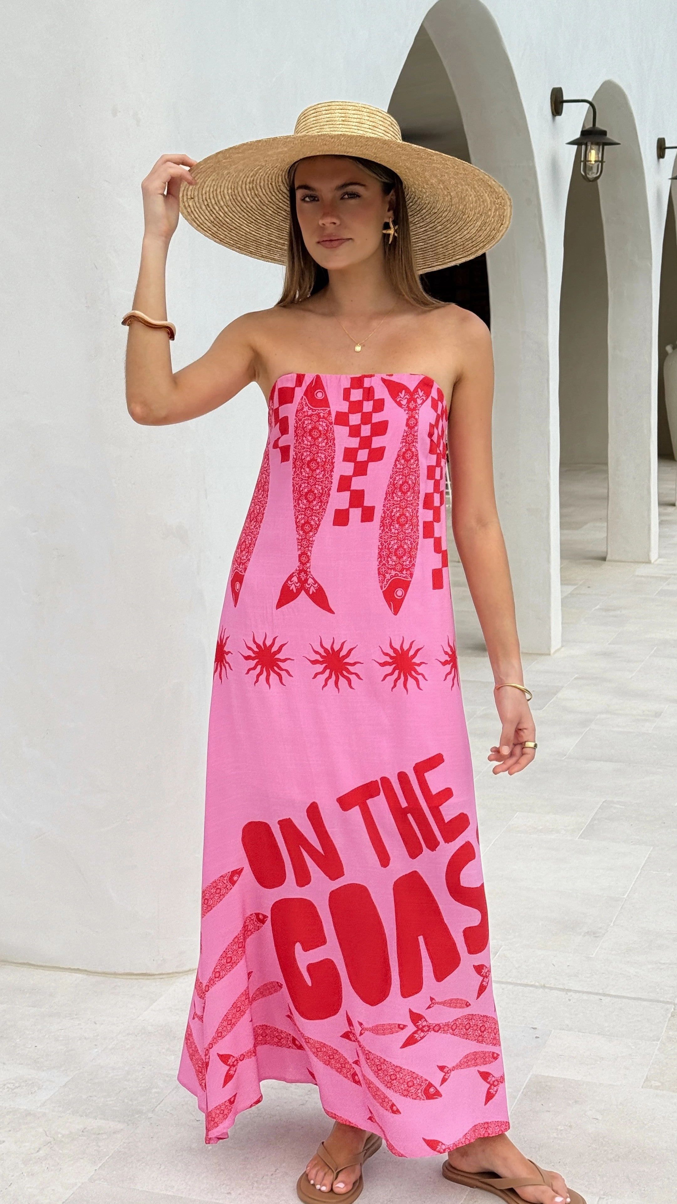 Elidie Strapless Maxi Dress - Pink/Red Tide Draped Silhouette