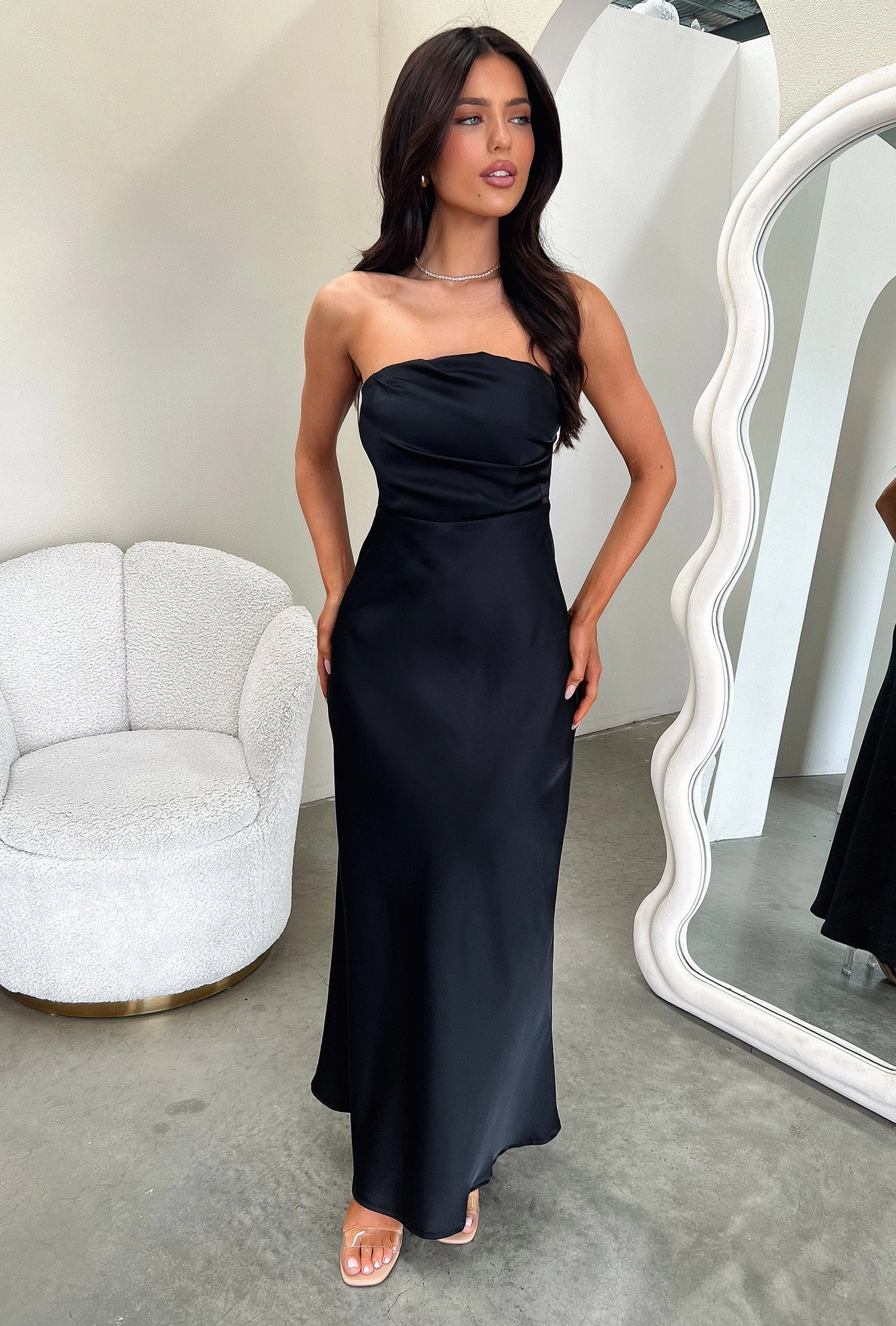 Elio Strapless Satin Maxi Dress - Black Fashionable Touch
