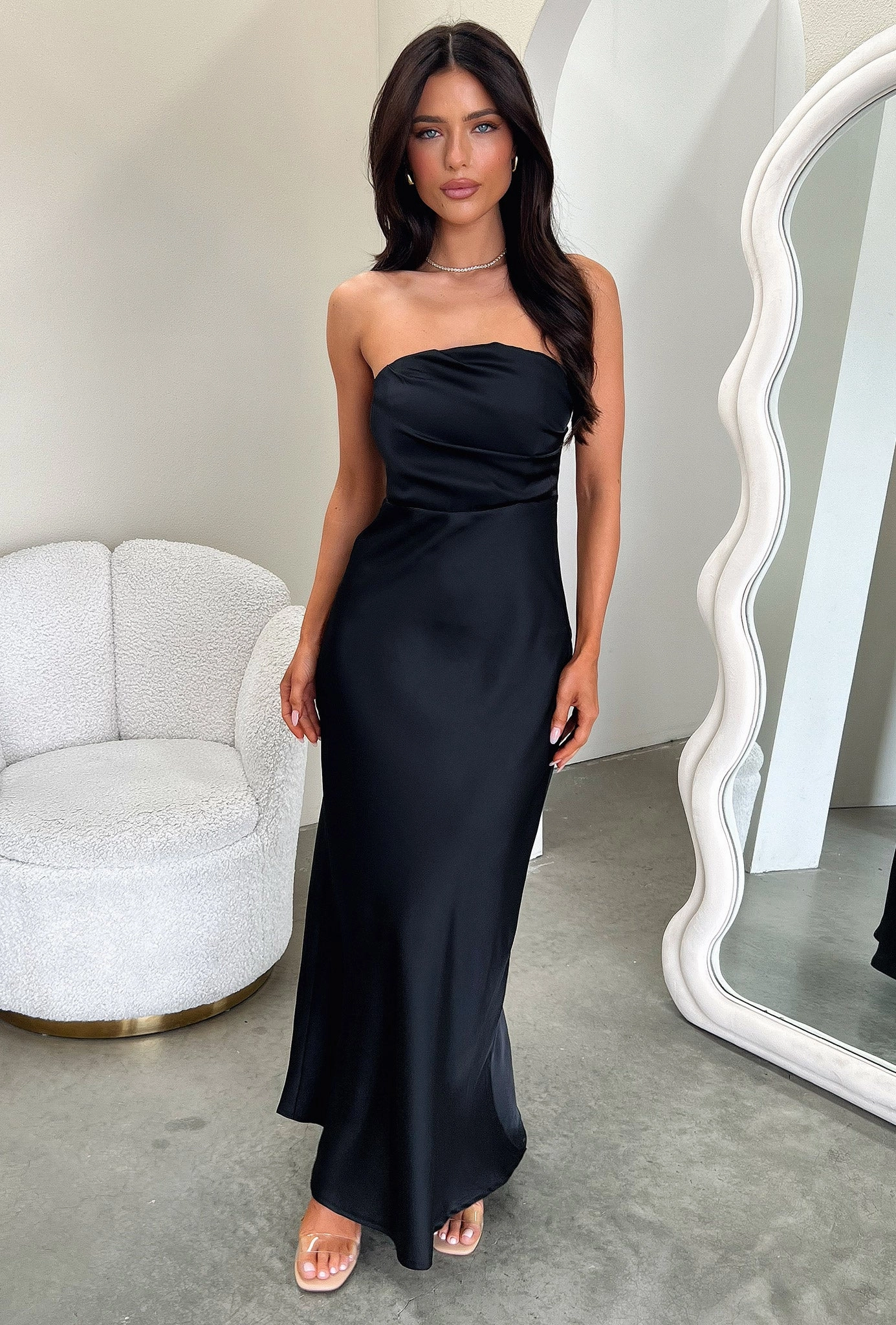 Bloom Soft Event Safe Elio Strapless Satin Maxi Dress - Black