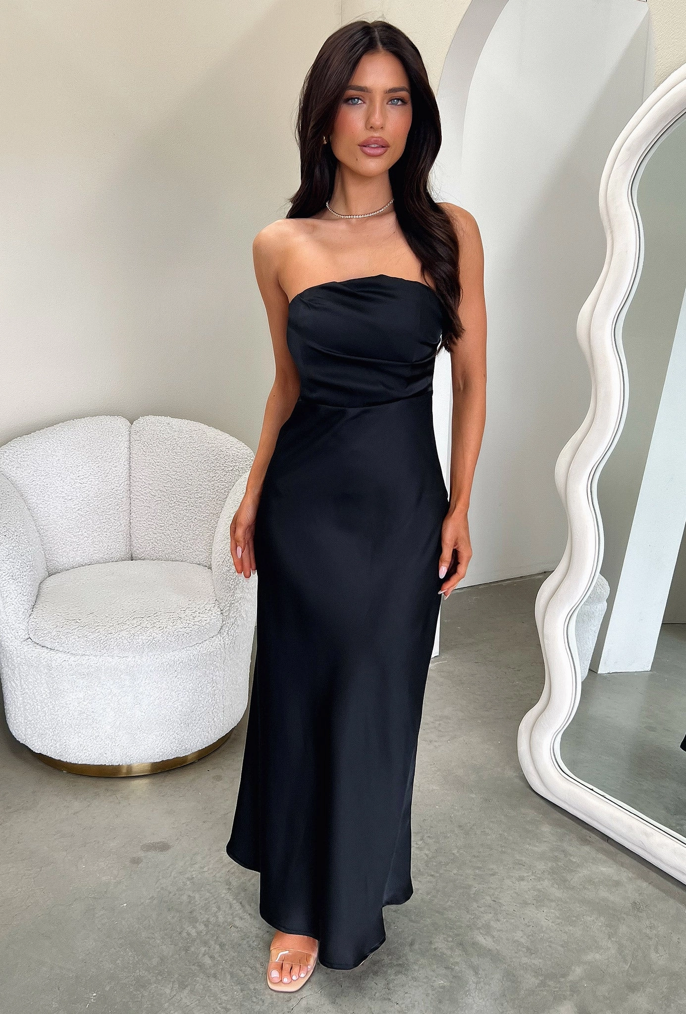 Elio Strapless Satin Maxi Dress - Black Sporty Comfort Semi Sheer